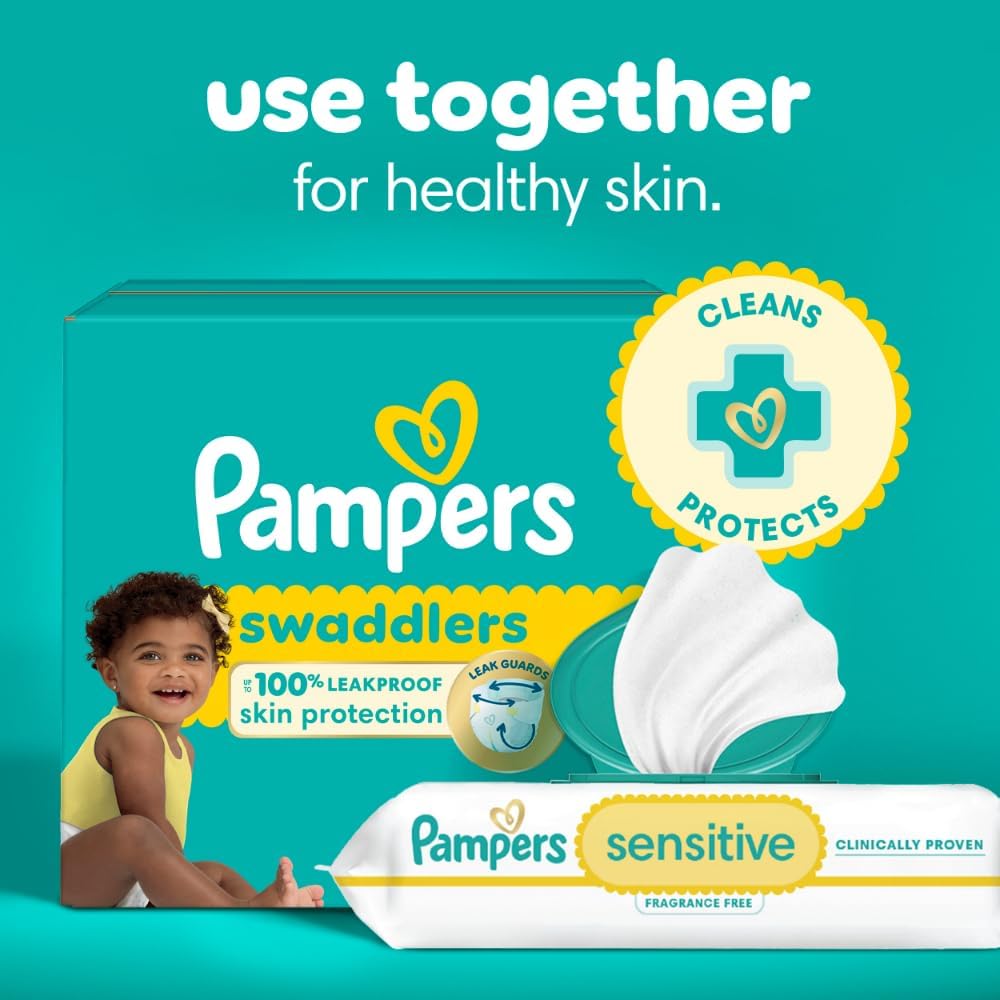 Pampers Baby Wipes - Sensitive Water-Based, Hypoallergenic & Unscented | 336 Wipes in 4 Packs