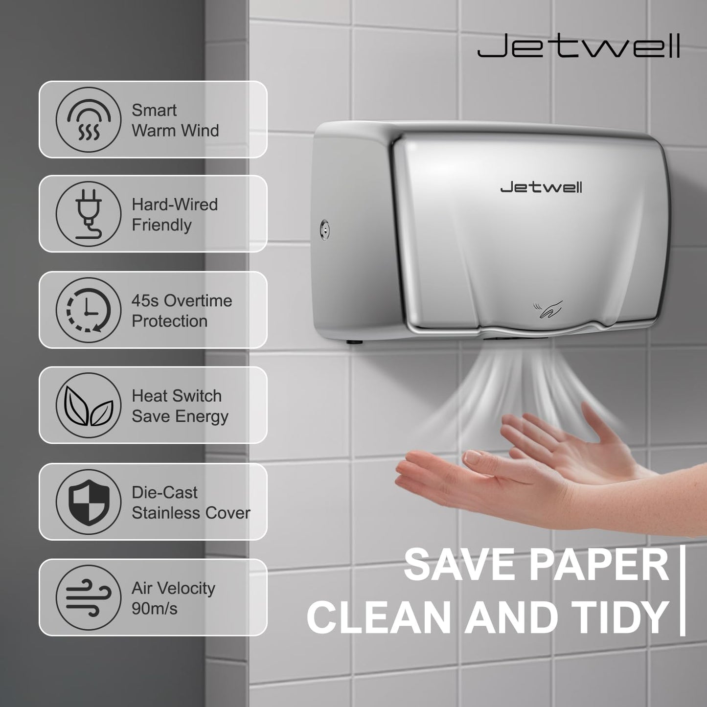 JETWELL 2Pack Compact Hand Dryer for Commercial Bathrooms, Stainless Steel Cover High Speed Automatic Warm Wind with Heating Switch, AC110V-130V