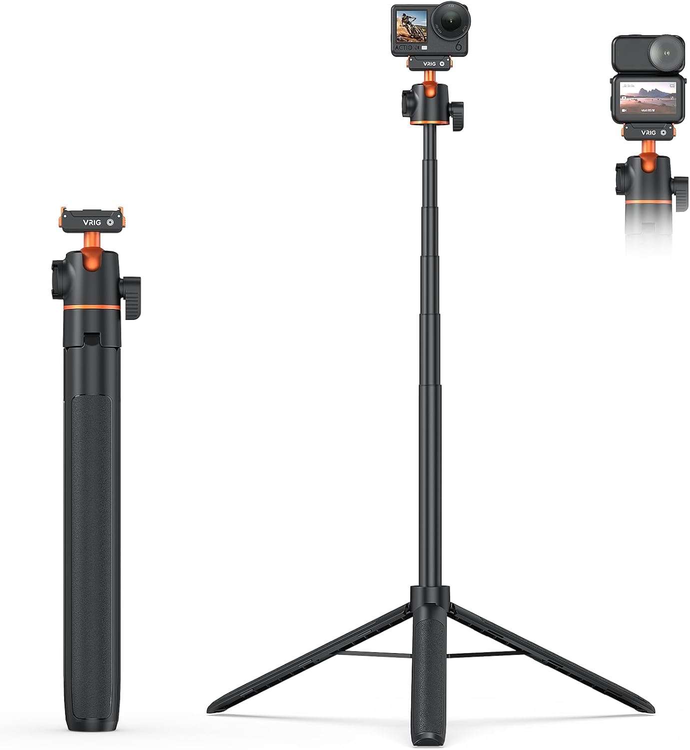 VRIG 55" 6/ 360 13 55 inches AC-71 Action Camera Selfie Stick Tripod for DJI Osmo Action Osmo Nano, Dual-Direction