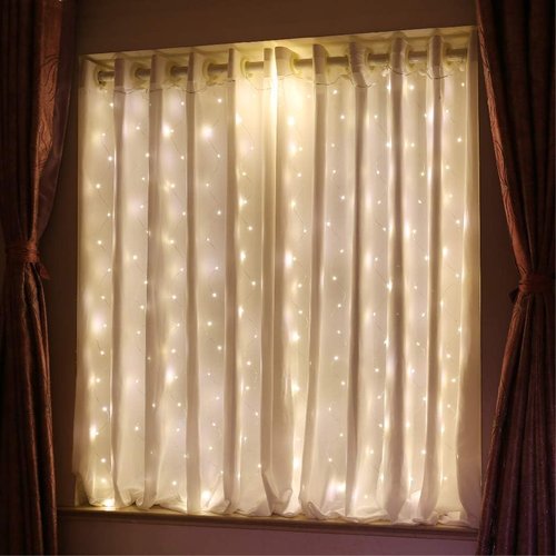 HXWEIYE Short Curtain Lights - 96 LED Warm White Fairy Lights with Timer & Clips | 3.3x5 Ft for Bedroom & Events