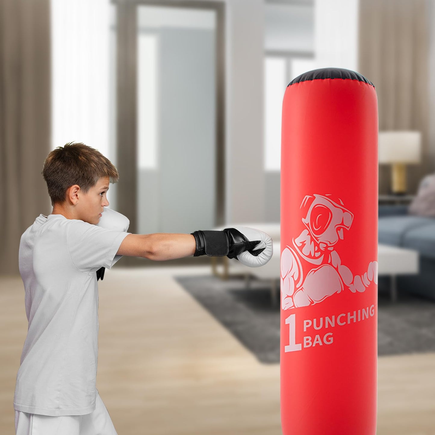 DIMAR GARDEN Inflatable Floor Punching Bag for Kids, 64 Inch Boxing Bag for Karate & Taekwondo Practice, Red