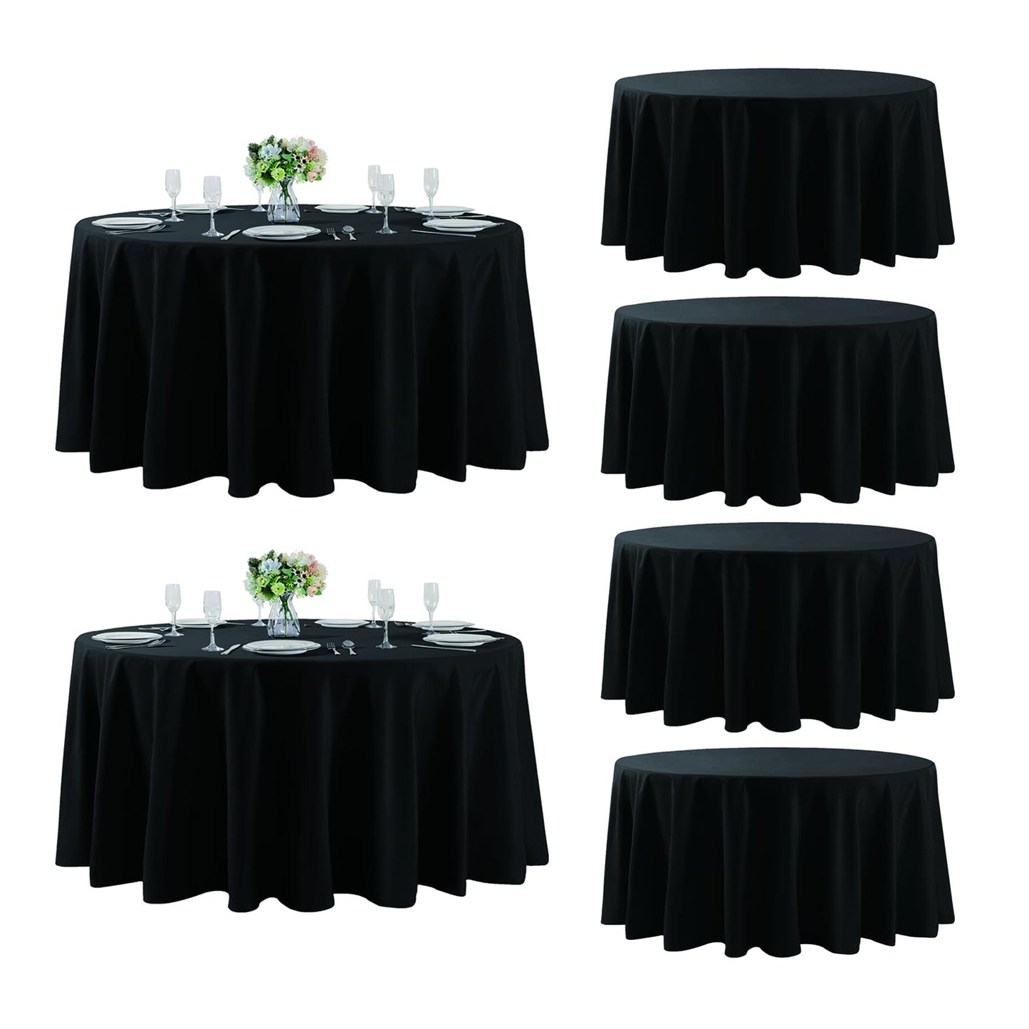 Fokitut 6 Pack Round Tablecloth, 108 Inch, Stain Resistant and Wrinkle Polyester Table Cloth, Fabric Table Cover for Kitchen Dining, Wedding, Party, Holiday Dinner-Black