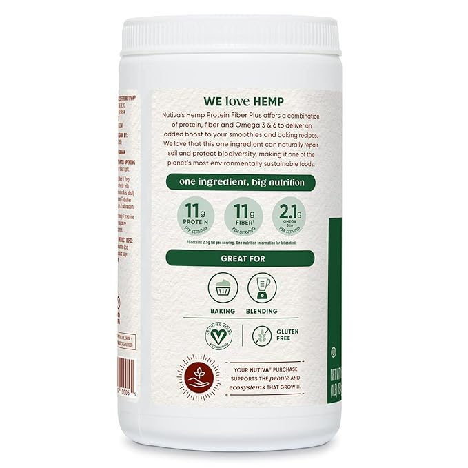 Nutiva USDA Organic Cold-Pressed Hemp Seed Plant Protein Powder, 16 Ounce, Fiber Plus with Essential Amino Acids, Non-GMO, Whole 30 Approved, Vegan & Keto