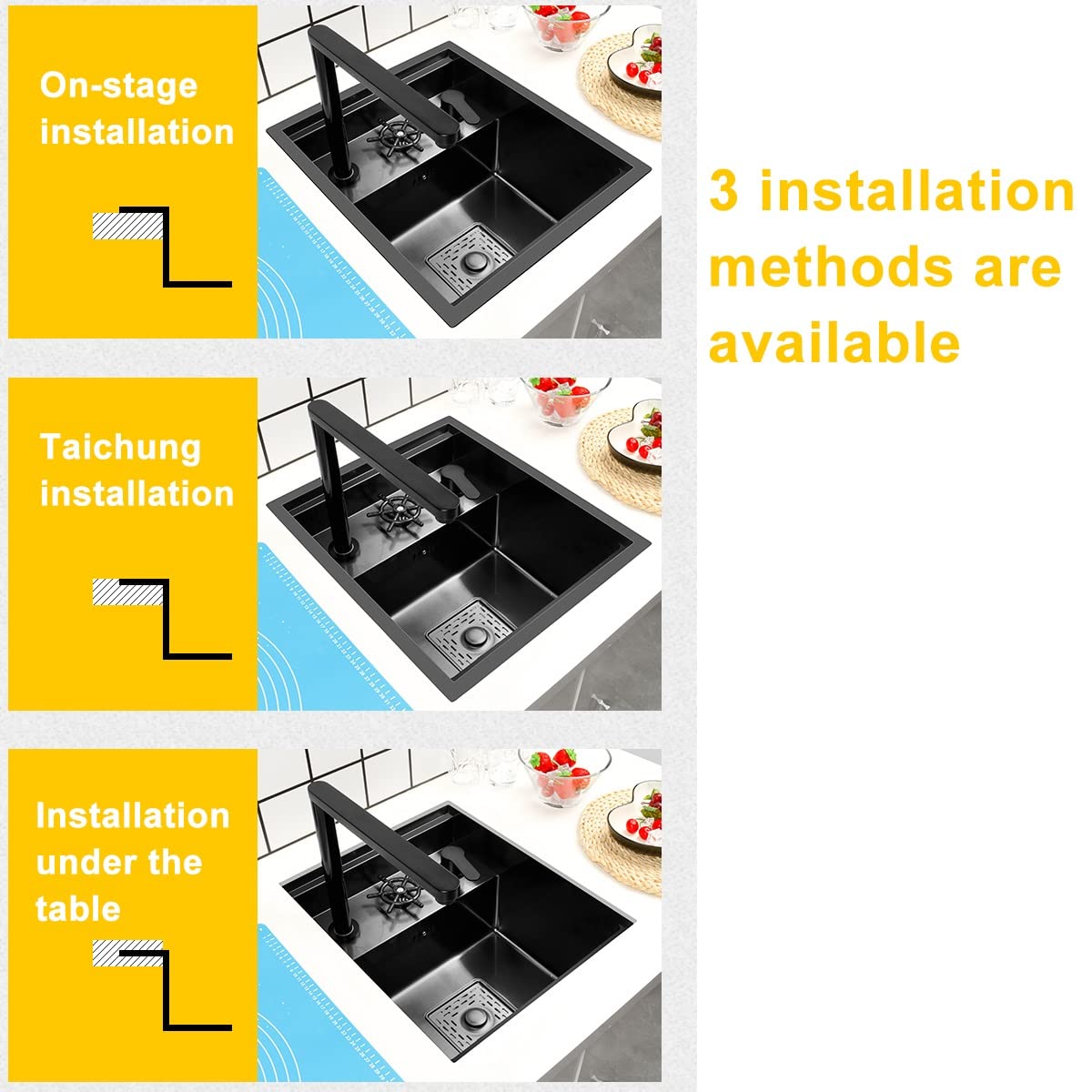 Single Bowl Kitchen Sinks With Cup Washer，stainless steel sink,undermount drop in kitchen sink,Single Bowl Stainless Steel Workstation Bar Sink with Rinser, for home Hotel Cafe Restaurant