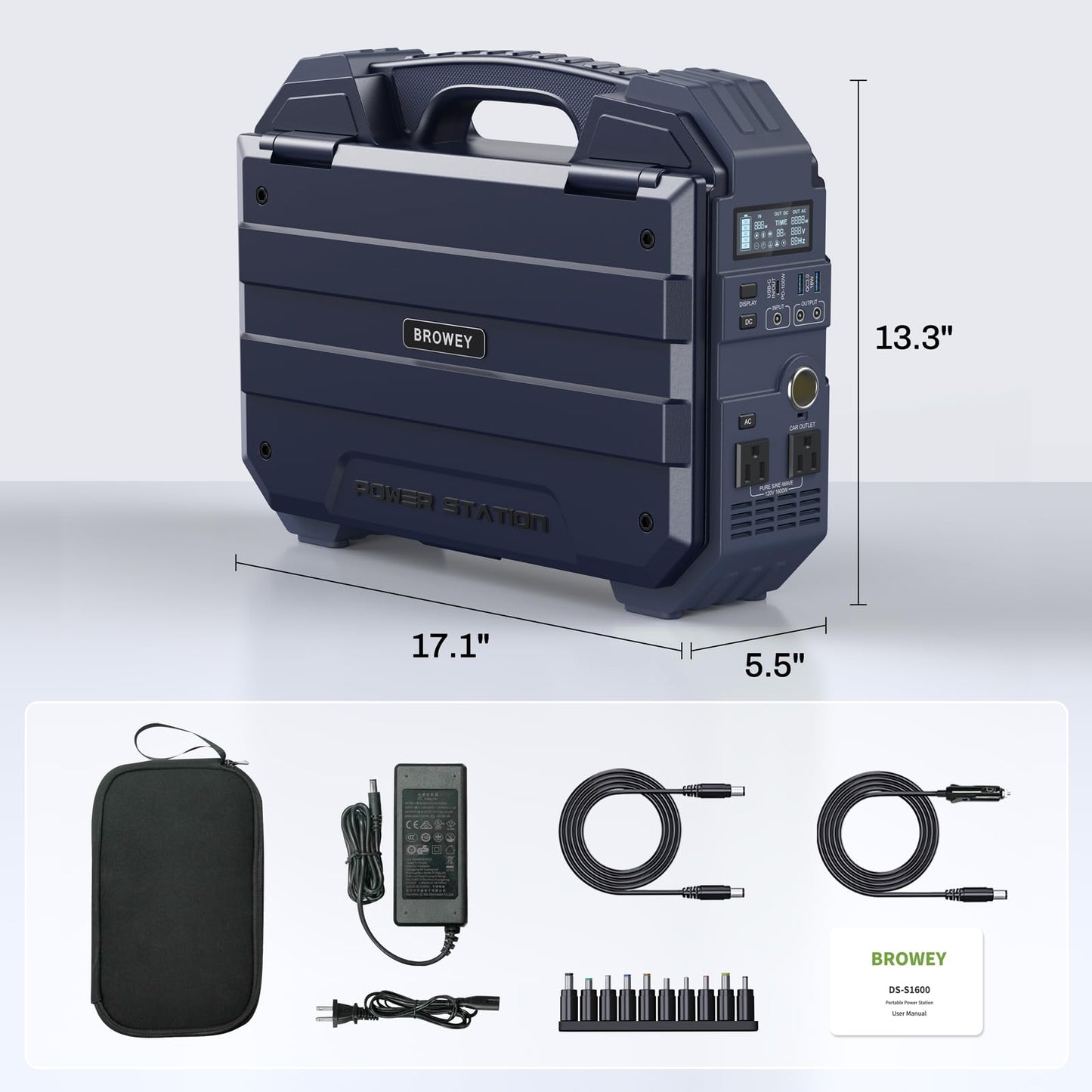 BROWEY 1600W (3200W Peak) Portable Power Station, 1024Wh LiFePO4 Battery with Built-in Solar Panel, 100W USB-C PD, Solar Generator for Camping, RV, Home Backup, Emergency (Dark Blue)
