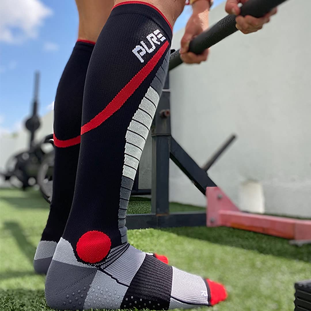 Pure Athlete Lifting Socks- Weightlifting Shin Guards, Deadlift Protector Compression Sock for Cross Training & Weightlift (Black/Red, Large)
