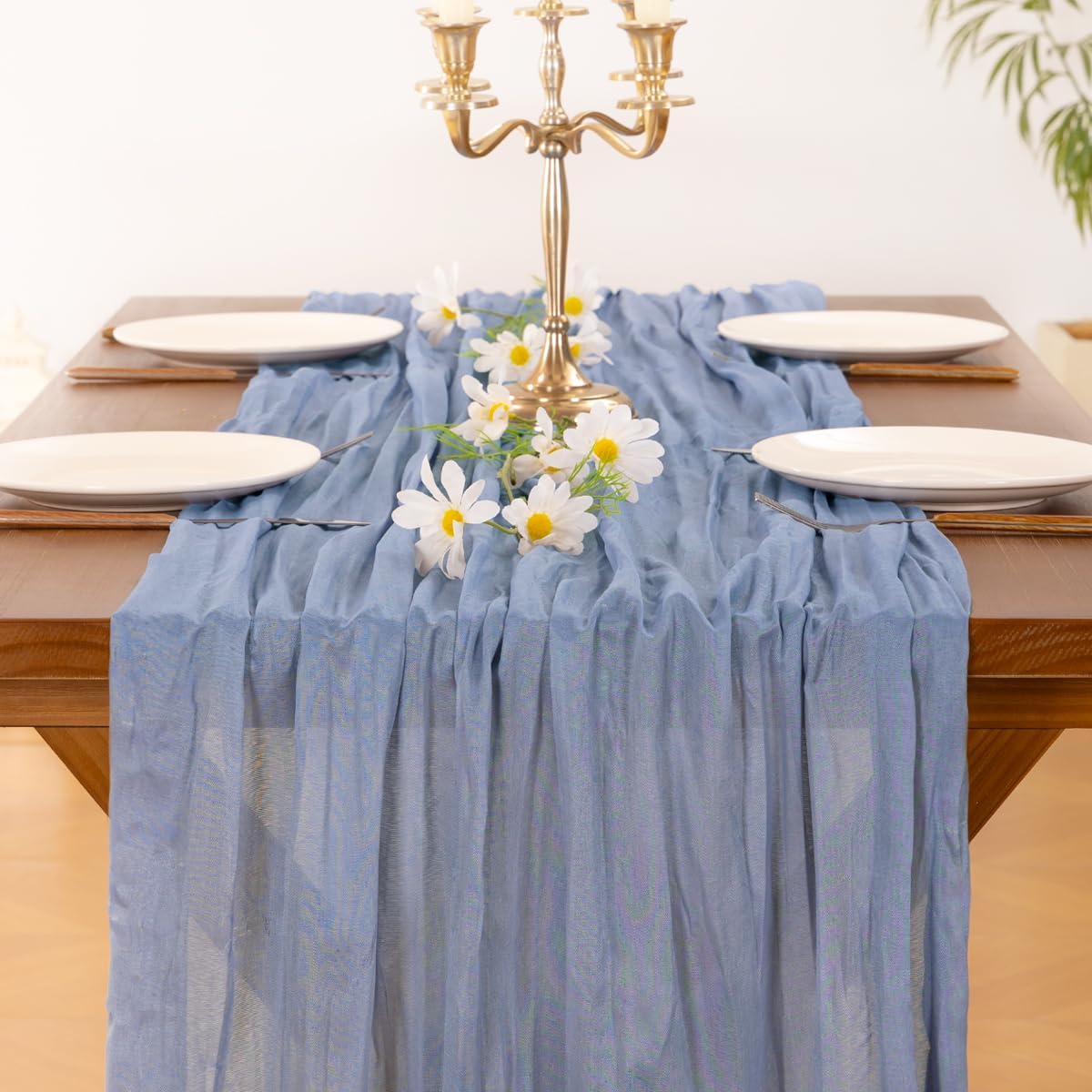 Socomi Cheesecloth Table Runner - Dusty Blue Boho Rustic Design | 120 Inch for Weddings & Events