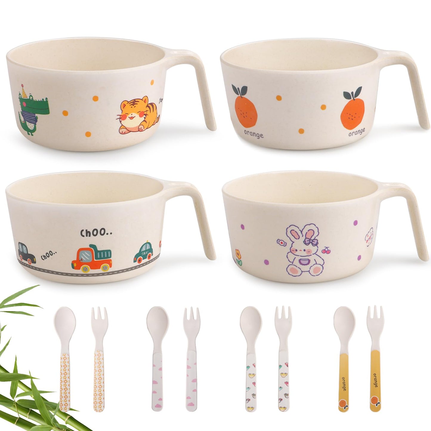 shopwithgreen Bamboo Kids Bowls Set, 4 Reusable Small Bowls for Baby Toddlers, Dinnerware Cereal Snack Soup Rice Bowl with 4 Spoons & Forks, Dishwasher Safe Bamboo Baby Food Bowls, BPA Free, 14.5 OZ