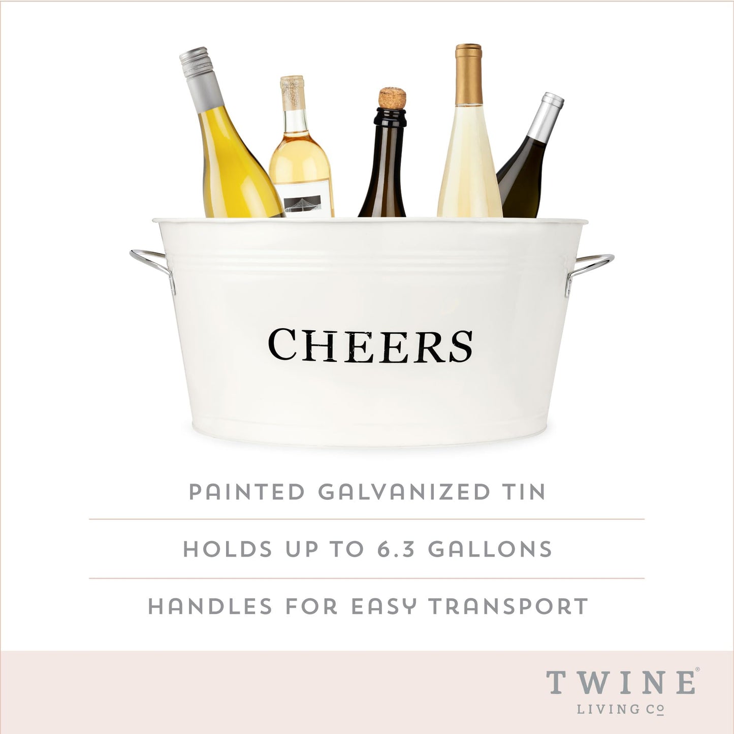 Twine Cheers Beverage Tub, Galvanized Tubs for Entertaining, Drink Buckets for Parties, Large Ice Tub and Gift Basket, Beer Buckets, Cream, 6.3 Gallons Set of 1