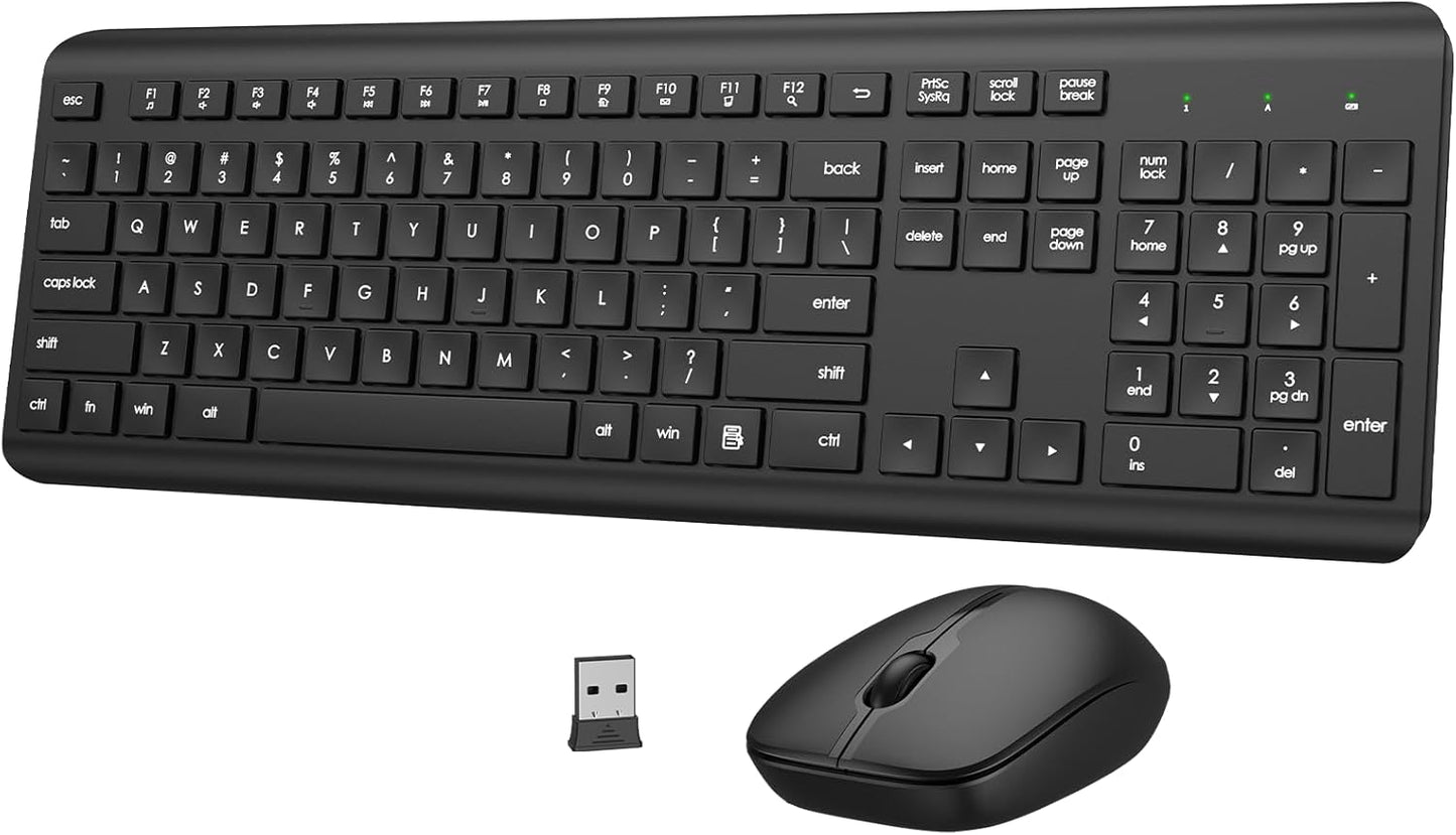 QUASIO 2.4GHz Wireless Keyboard and Mouse Combo, Full-Size Silent Ergonomic Keyboard and Optical Mouse, Long Battery