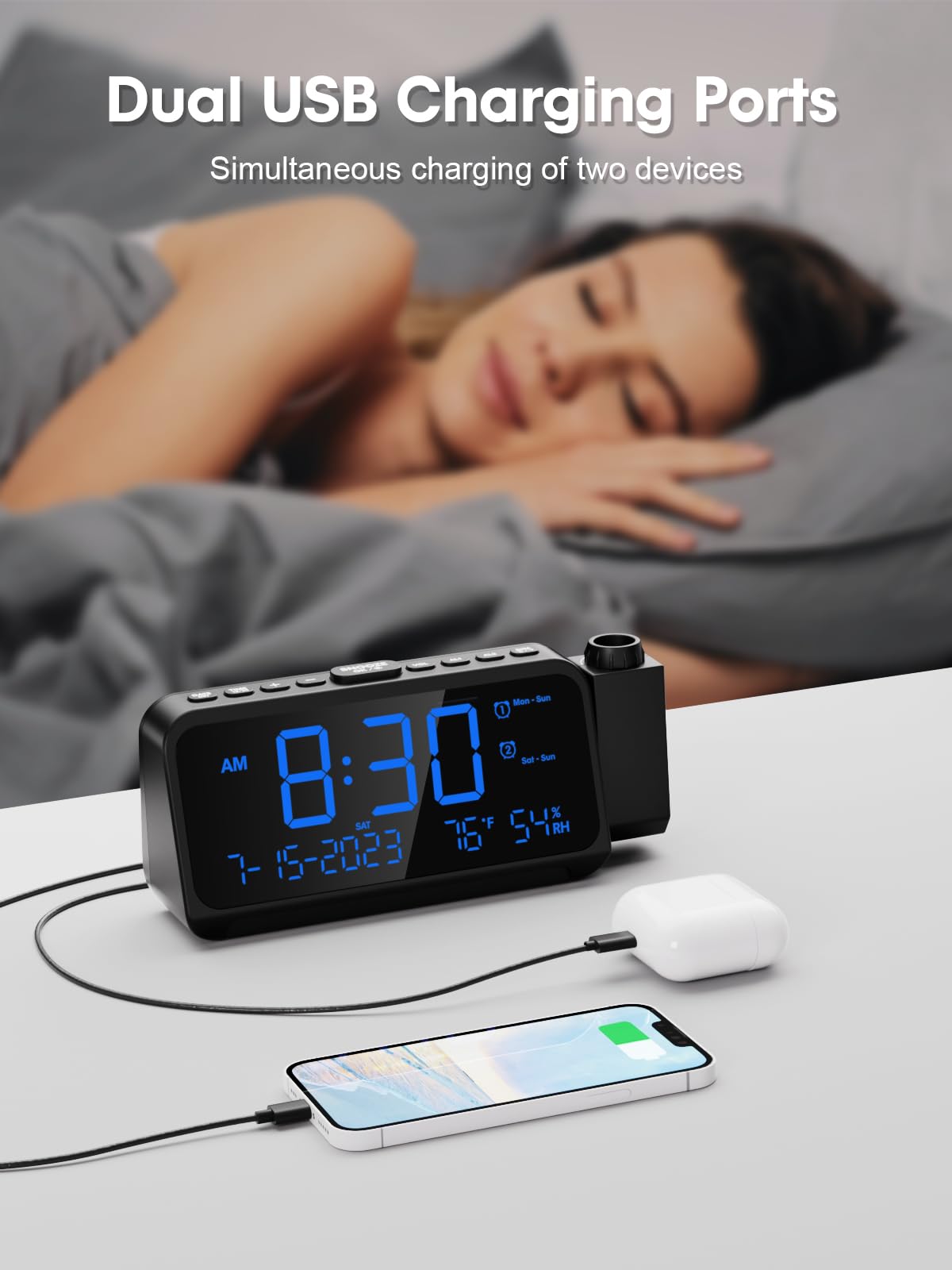 ROCAM Projection Alarm Clock for Bedroom Ceiling, Digital Clock with 180° Projector with 5-Level Dimmer, Dual Loud Alarm with Weekend/Weekday Mode, Date, Temp, Humidity, Night Light, DST, Snooze