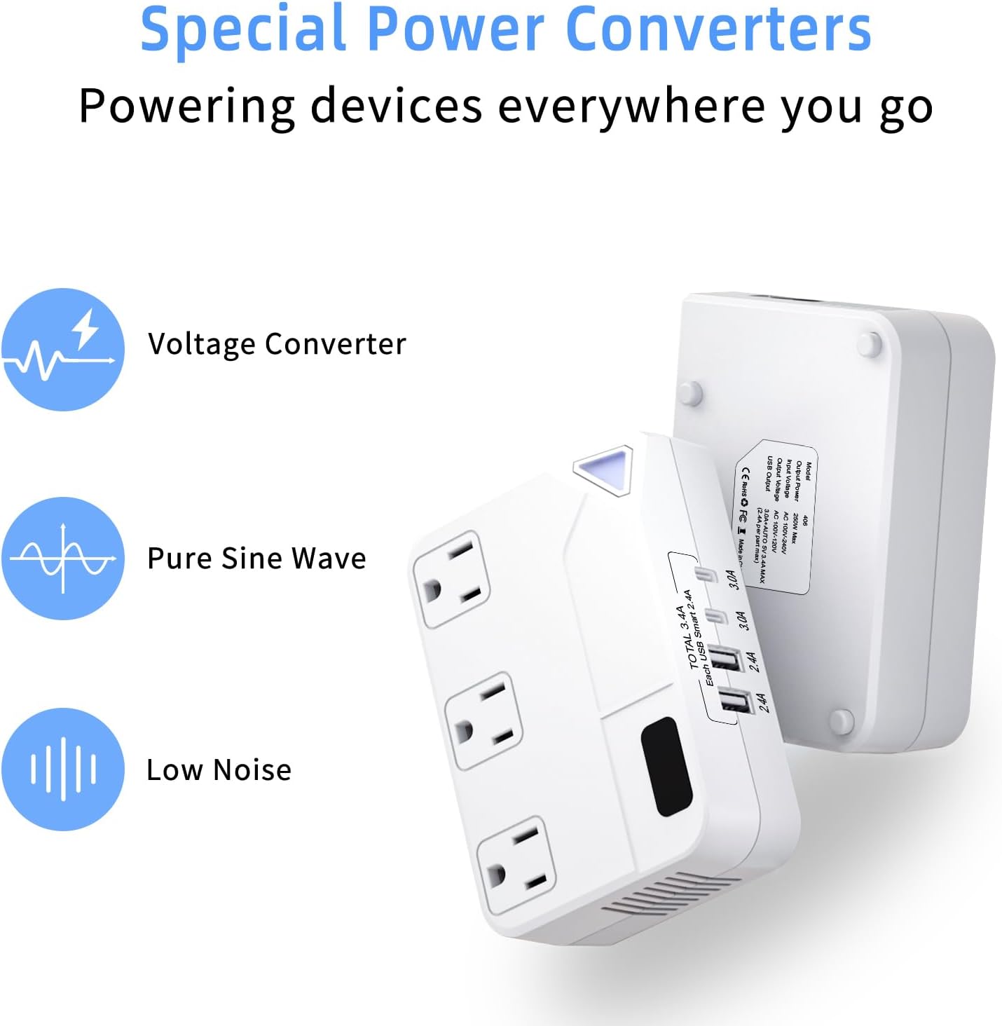 WAUDM 250W 2 2 220V 110V 100V-240V Countries Conversion Plug, International Travel Converter with USB and USB-C Ports