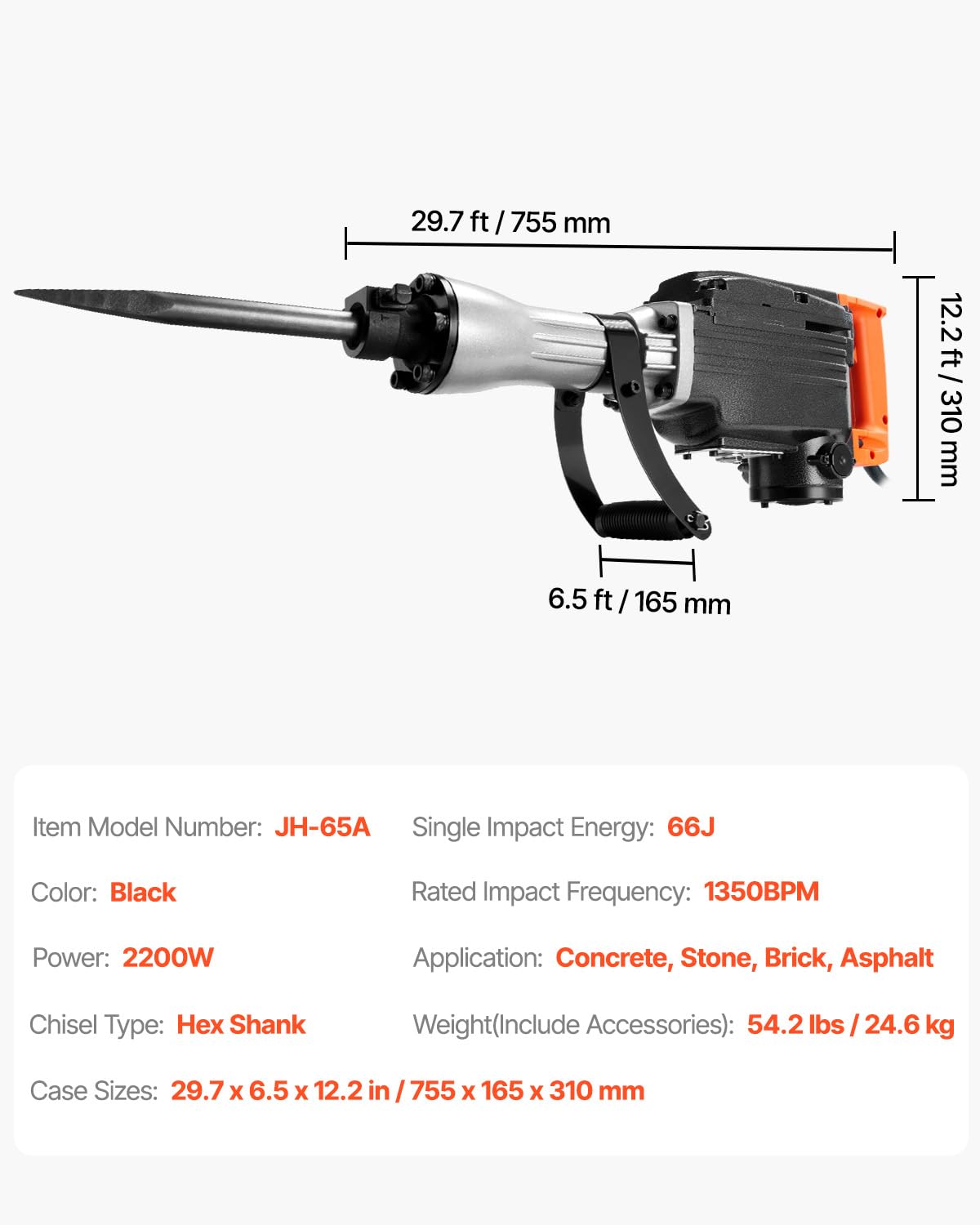 VEVOR Demolition Jack Hammer, 2200W Electric Jack Hammer Concrete Breaker, 1350 BPM Heavy Duty - 4pcs Chisels Bit with Case, Black