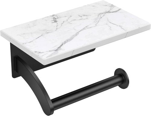 FORIOUS Toilet Paper Holder - Natural Marble Wall Mount with Phone Shelf | 304 Stainless Steel, Matte Black