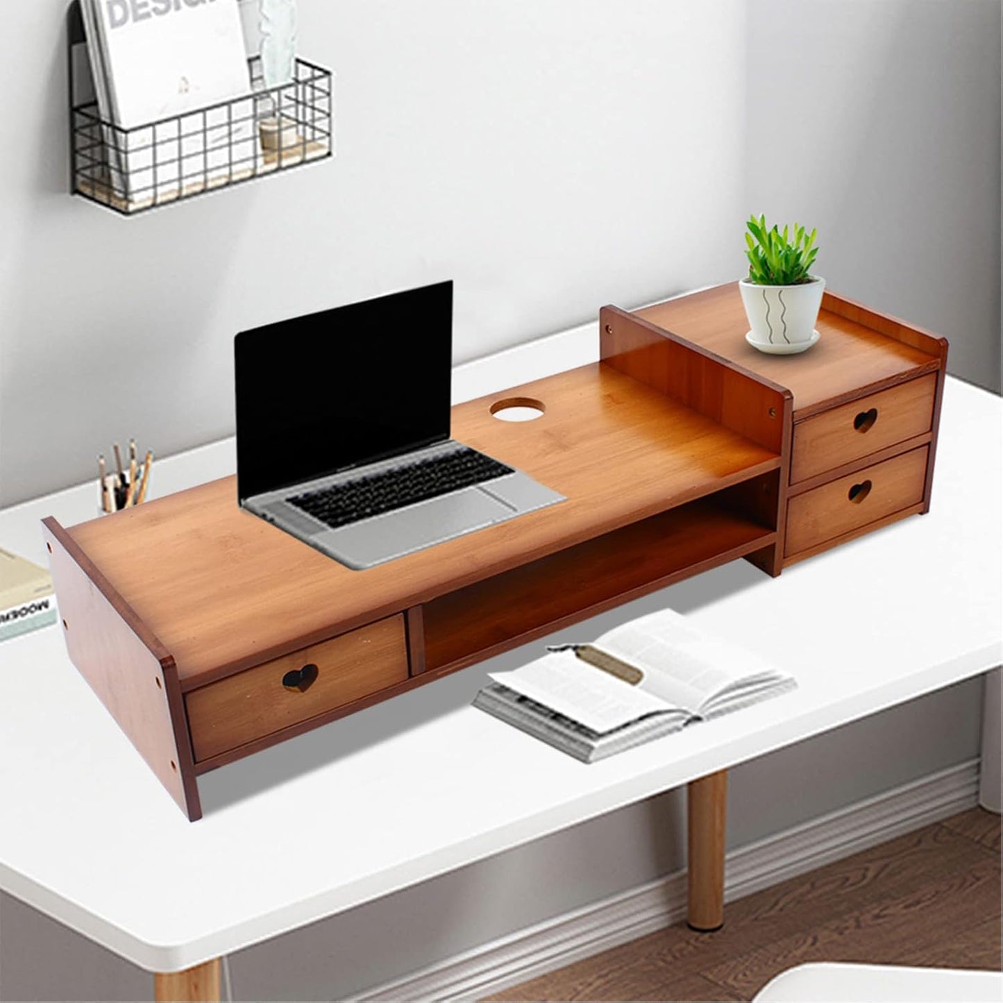 YIYIBYUS 2-Tier Monitor Stand Riser Bamboo Wood Computer Monitor Riser Stand Desktop Organizer Stand with Storage
