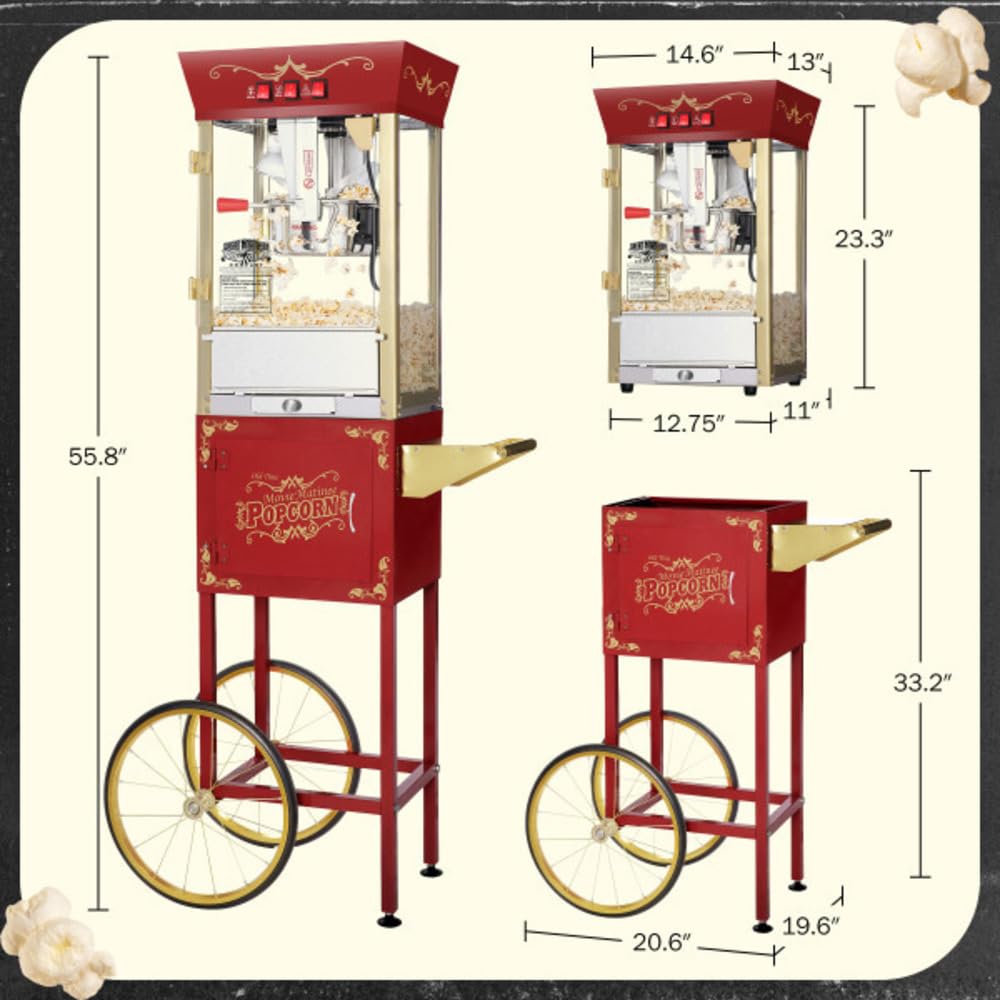 Matinee Popcorn Machine with Cart - 8oz Popper with Stainless-Steel Kettle, Warming Light, and Accessories by Great Northern Popcorn (Red)