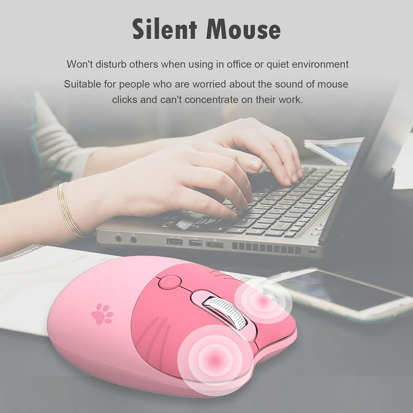 Lomiluskr 2.4G Cute Cat Wireless Mouse, Lightweight Soundless Mice, Wireless Mice, Candy Colors, Kawaii Mouse for Girls