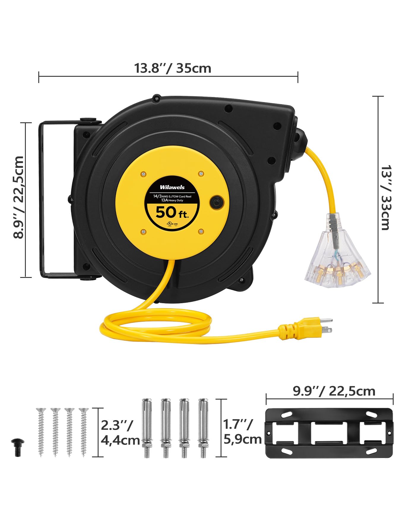 WILAWELS 50 FT 14AWG/3C SJTOW and 45 FT 12AWG/3C SJTOW Retractable Extension Cord Reel Bundle, Heavy Duty Power Cord, 3 Grounded Outlets Lighted Triple Tap, Y50CR06-B45CR06