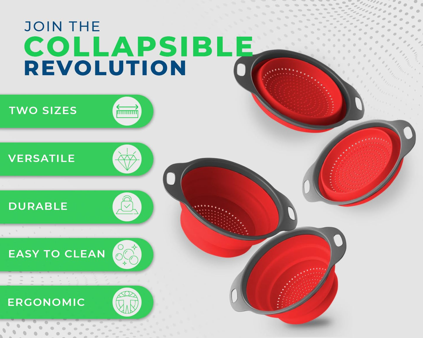 Comfify Ultimate Kitchen Strainers Set of 2 - Collapsible Silicone Colanders For Easy Storage - Use with Pasta & Veggies or as a Fruit or Berry Bowl with Strainer - Irreplaceable for Campers - Red