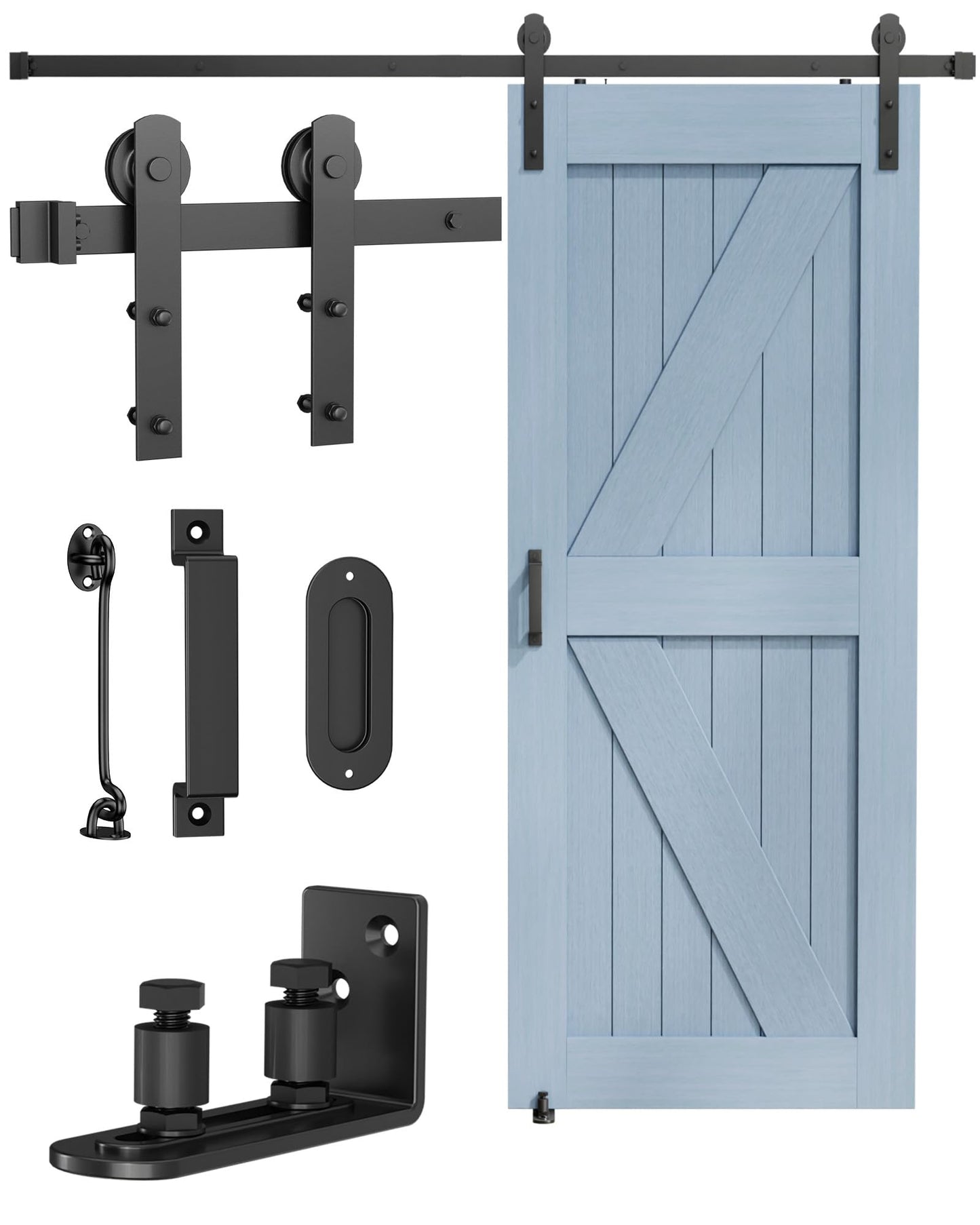 Titeck Barn Door Hardware Kit -6.6FT Sliding Door Hardware with Adjustable Floor Guide, 2 Handles and Latch -Fit 36''-40'' Wide Panel, I Shape Hanger, Black