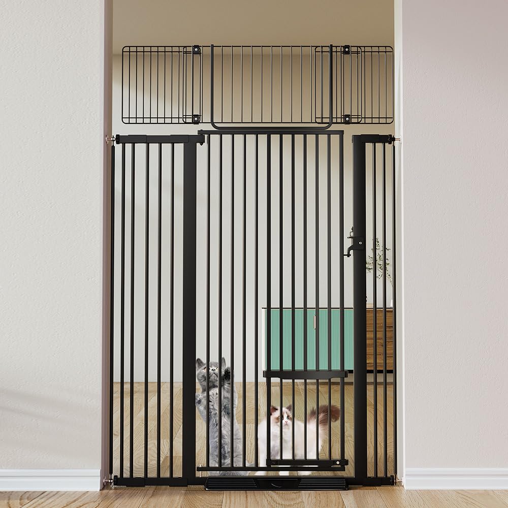 COMOMY 71" Extra Tall Pet Gate for Cats, 29.5-43" Extra Wide Cat Gate with Adjustable Cat Door, Pressure Mounted Easy Walk Through Pet Gate with Door for Stairs, Doorways, Kitchen(Black)