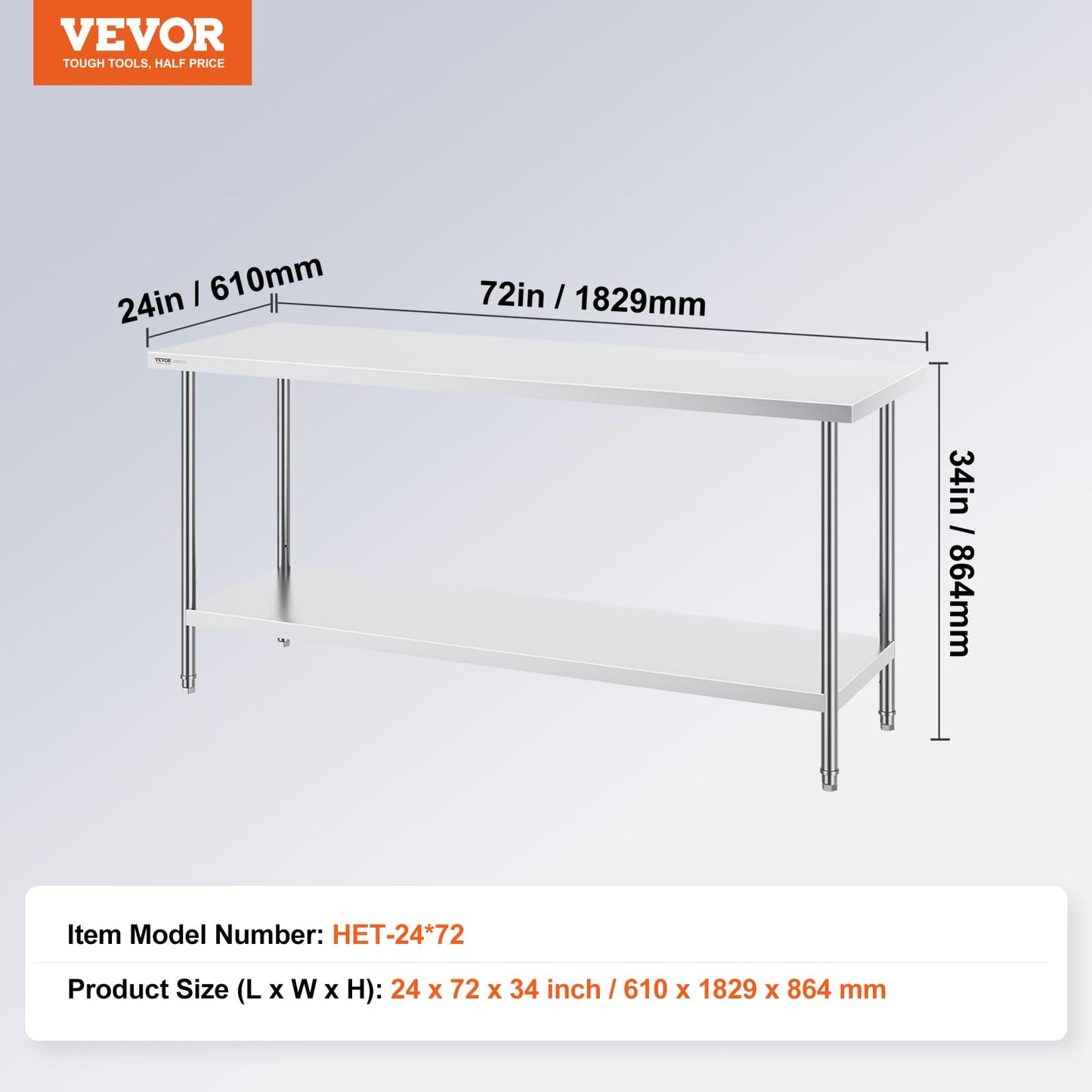 VEVOR Stainless Steel Prep Table, 24 x 72 x 34 Inch, 880 lbs Load Capacity, Heavy Duty Metal Worktable with 3 Adjustable Height Levels, Commercial Workstation for Kitchen Garage Restaurant Backyard