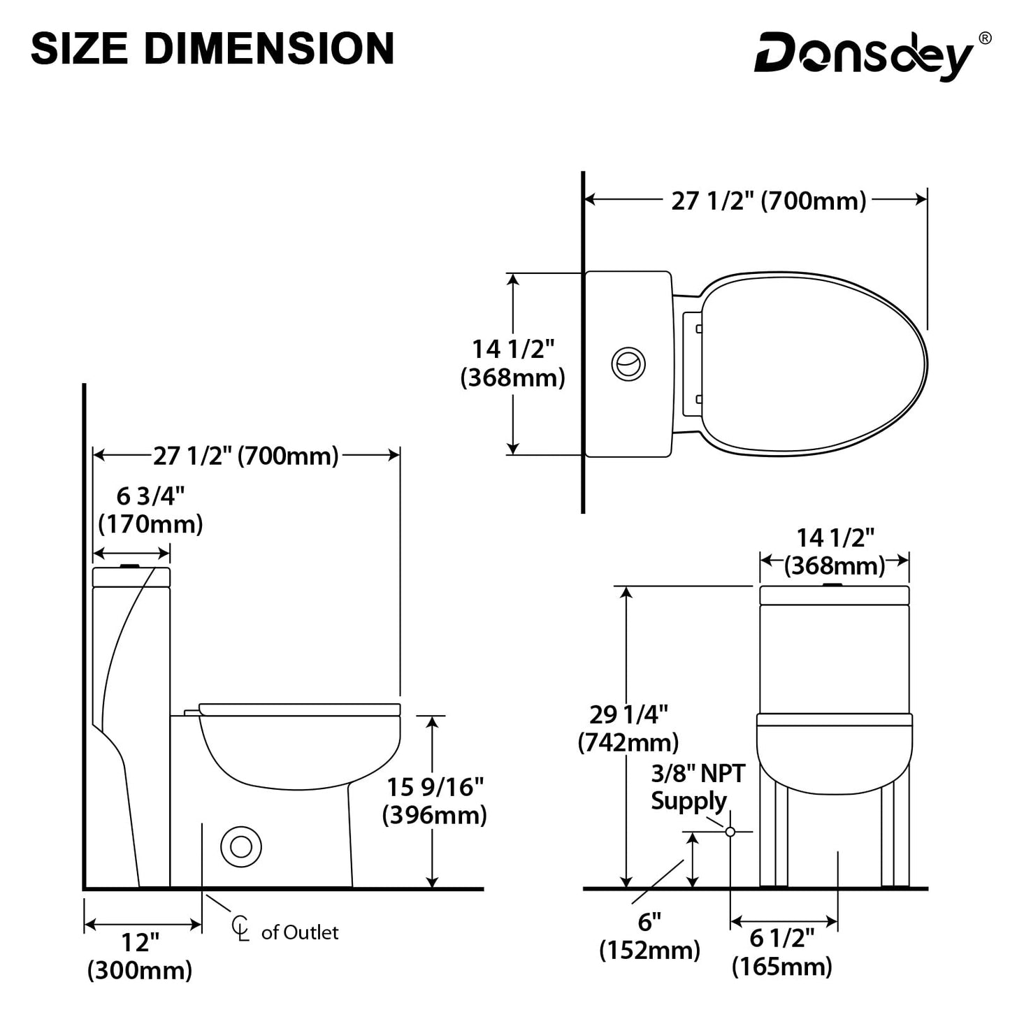 Donsdey One Piece Tolilet- 12 Rough-in Compact Toilet with Dual Flush 1.1/1.6 GPF Water Saving Fully Glazed and Skirted Trapway Easy to Clean Powerful Flush of 1000g MAP