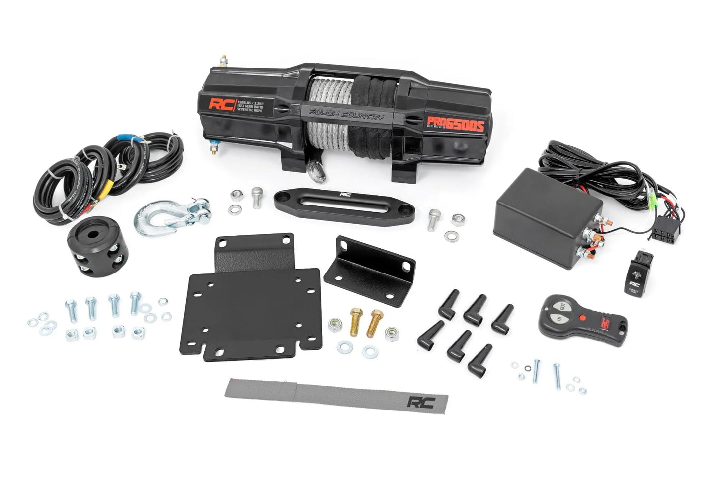 Rough Country Winch Mount with RS6500S Winch for Honda Pioneer 1000/1000-5 - Bolt-on Mounting Plate with 6500 LB Synthetic Rope Winch