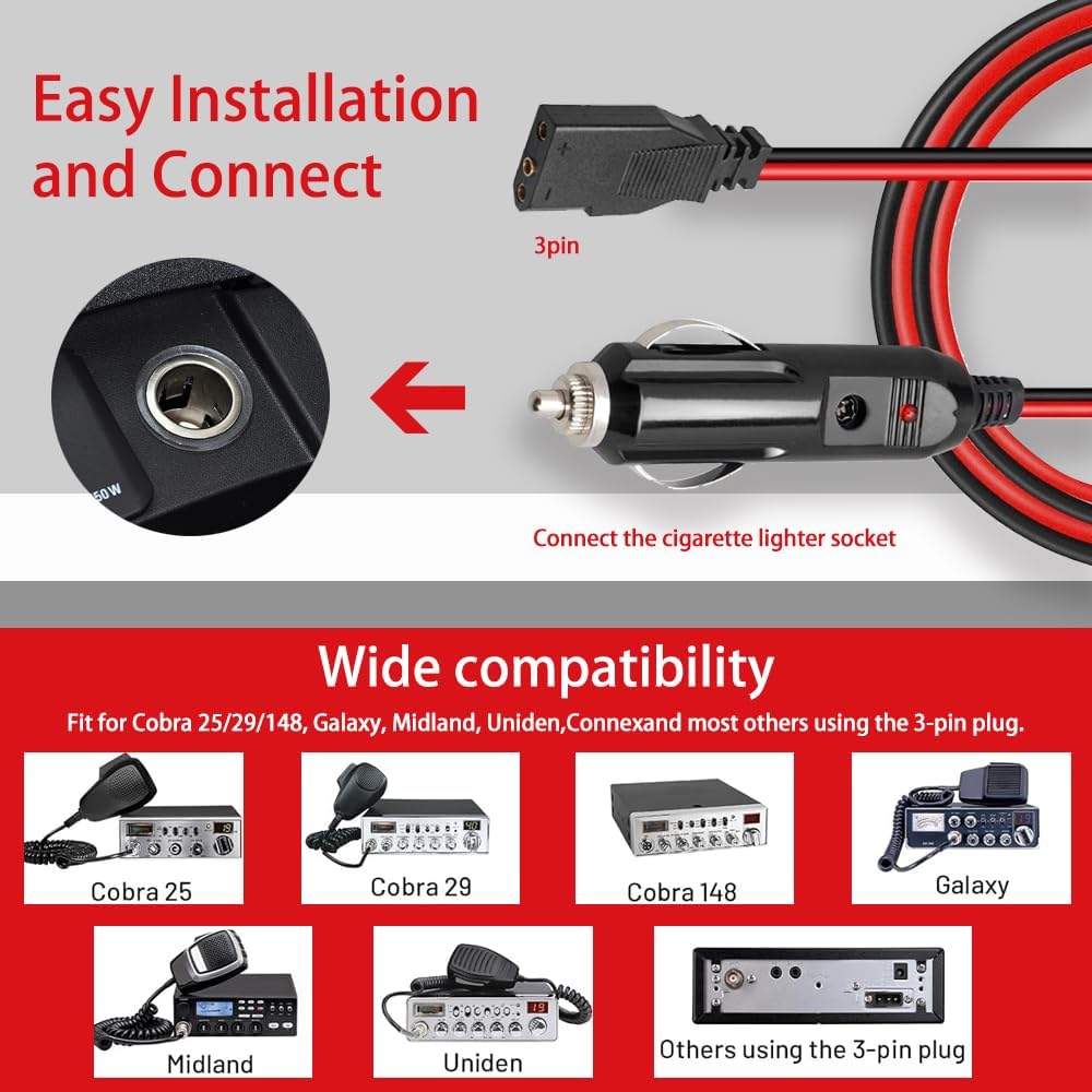 WoTravelPaL 3-Pin 2-Wire 16AWG 59 Inch, CB Radio Power Cord with Cigarette Lighter Plug, Fused Cable, Heavy-Duty Copper