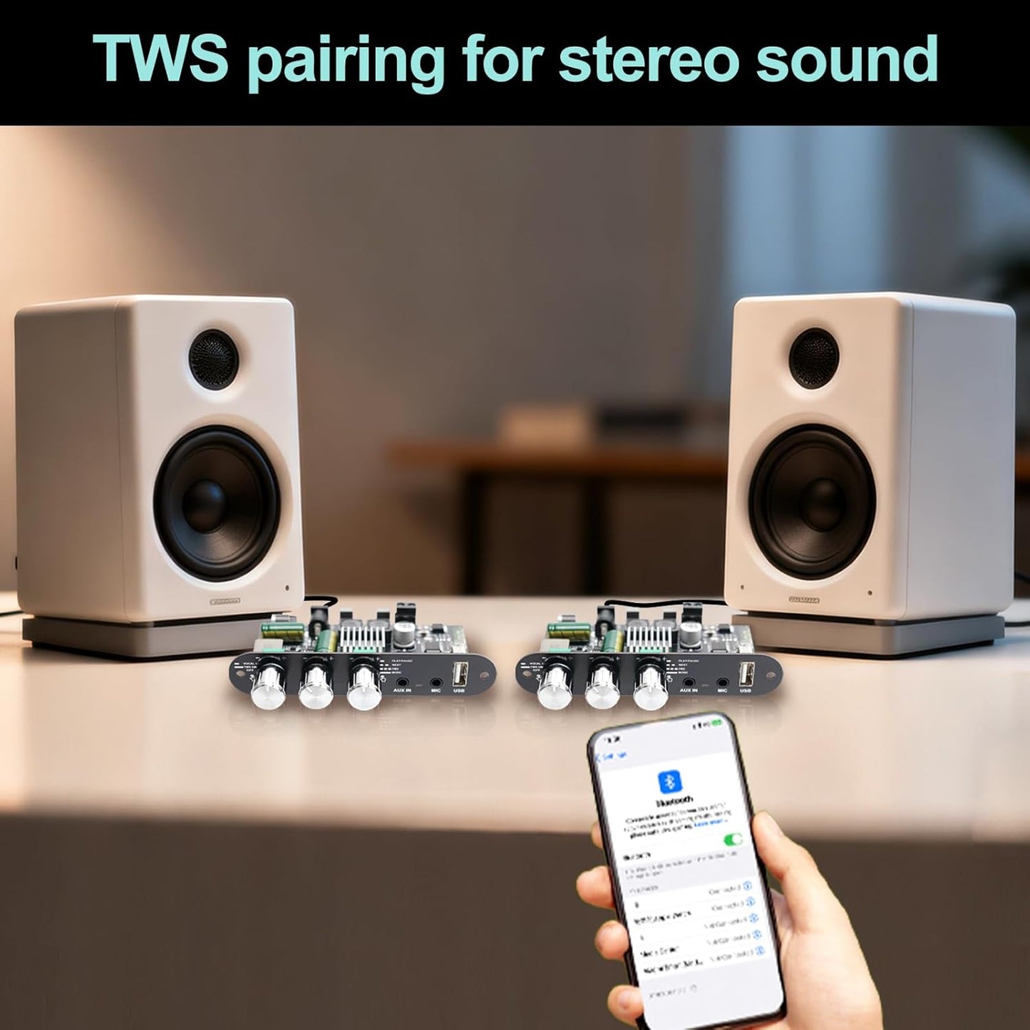 ZK-1001U 100W 9-24V PRO with Mic Input Blue-Tooth Mono Amplifier Board, Echo & EQ, TWS Pairing, USB/AUX, Adjustable Mic