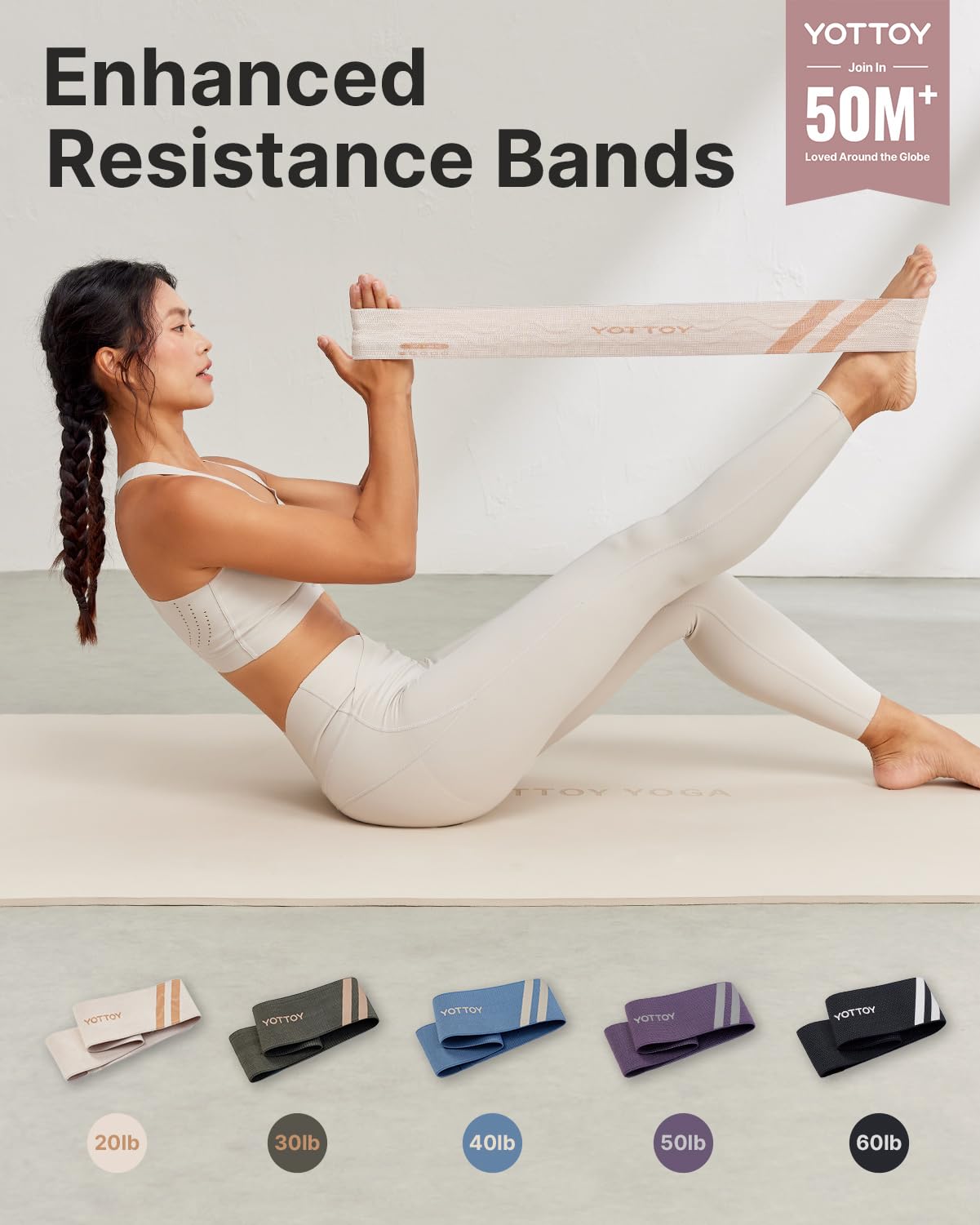 YOTTOY Fabric Resistance Bands for Women & Men, Non-Slip Workout Bands Set for Glutes, Legs, and Squats Durable Exercise Bands for Home Gym (20/30/40/50/60lb)