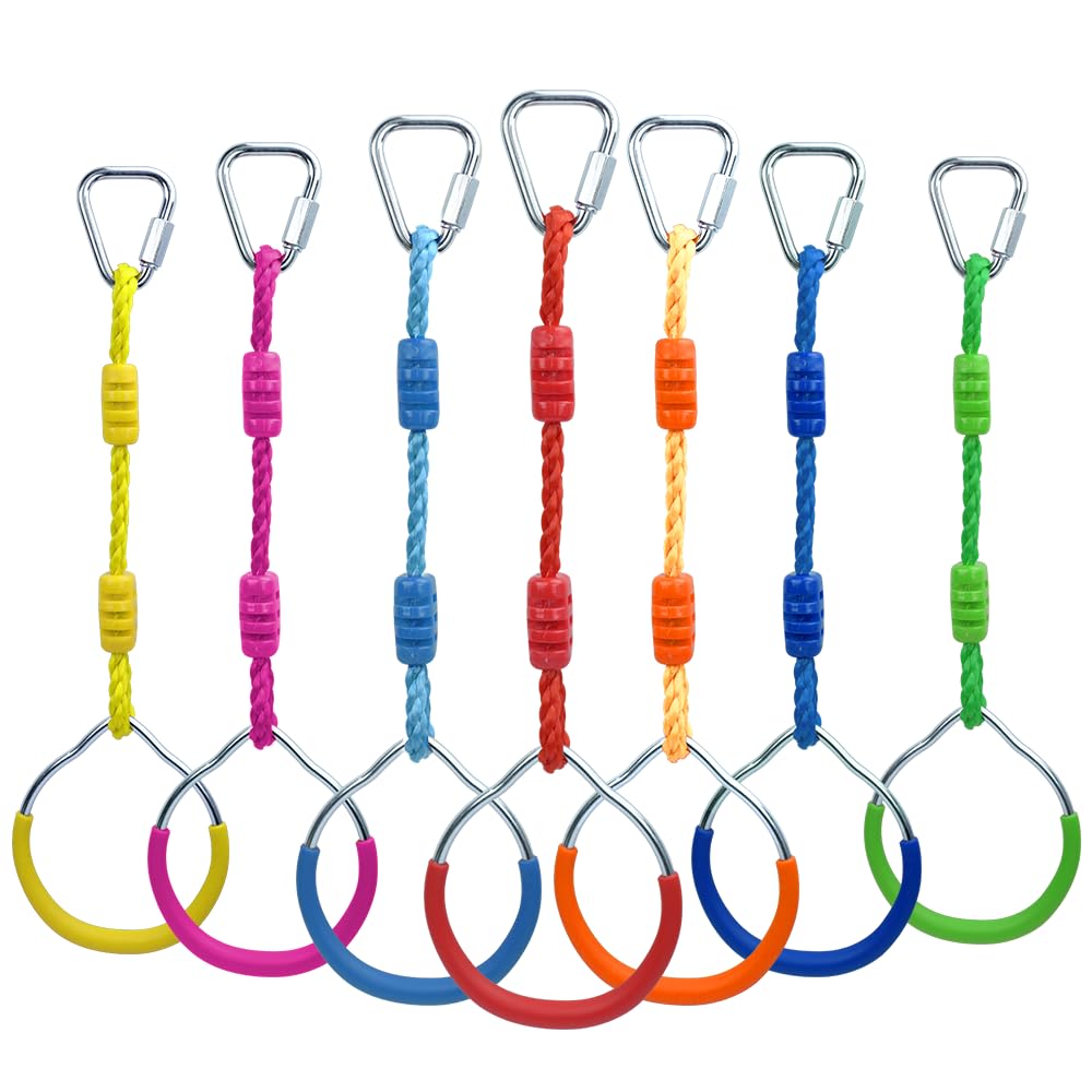 7 Colorful Ninja Ring Fitness Gymnastic Ring Outdoor Backyard Playground Training Equipment Play Set, Funny Jungle Gym Fist Hanging Swing Monkey Bars Ninja Warrior Obstacle Course Trapeze Accessories