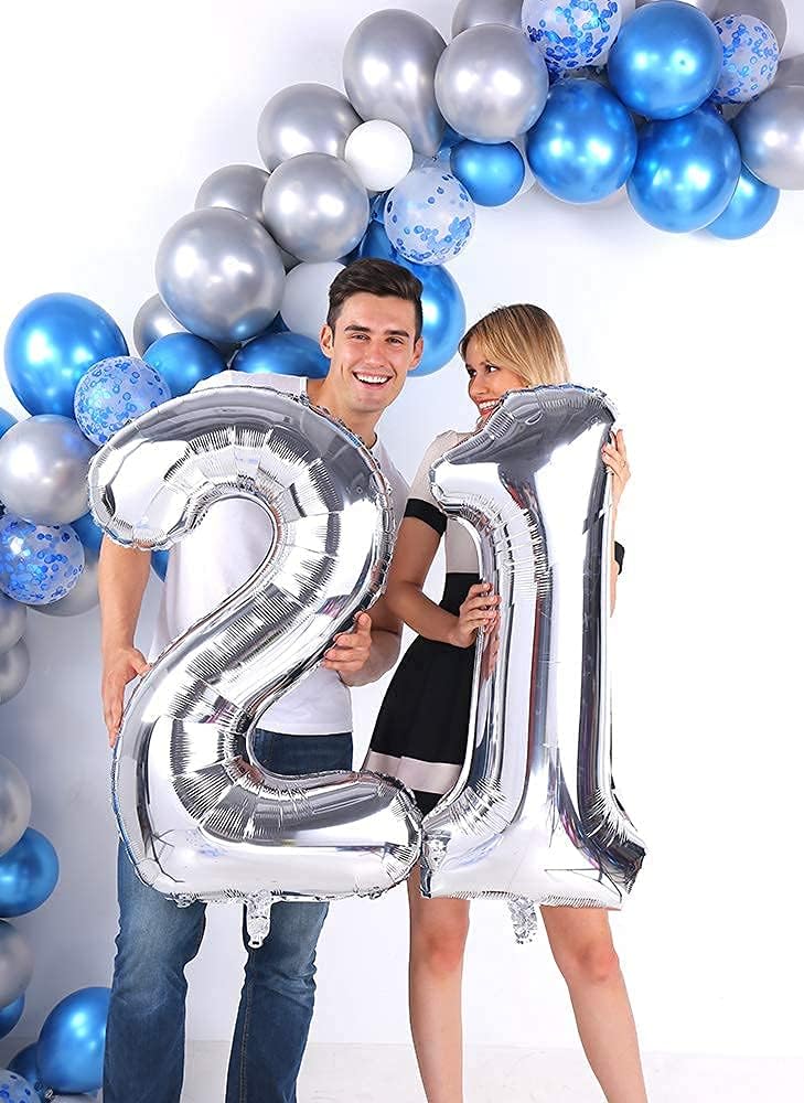 Silver 21 Number Balloons - Jumbo Foil Mylar Balloons for 21st Birthday & Anniversary Celebrations | 40 Inch