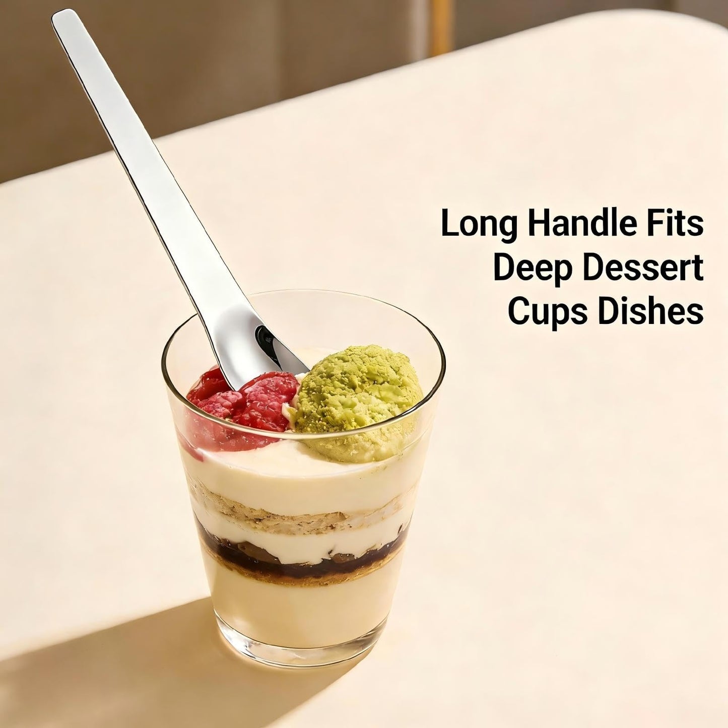 Premium Stainless Steel Long Handle Ice Cream Spoon - Ergonomic & Effortless Scooping for Hard Ice Cream, Desserts, Coffee - Heavy Duty, Stylish Design for Home, Bakers, Baristas (4)