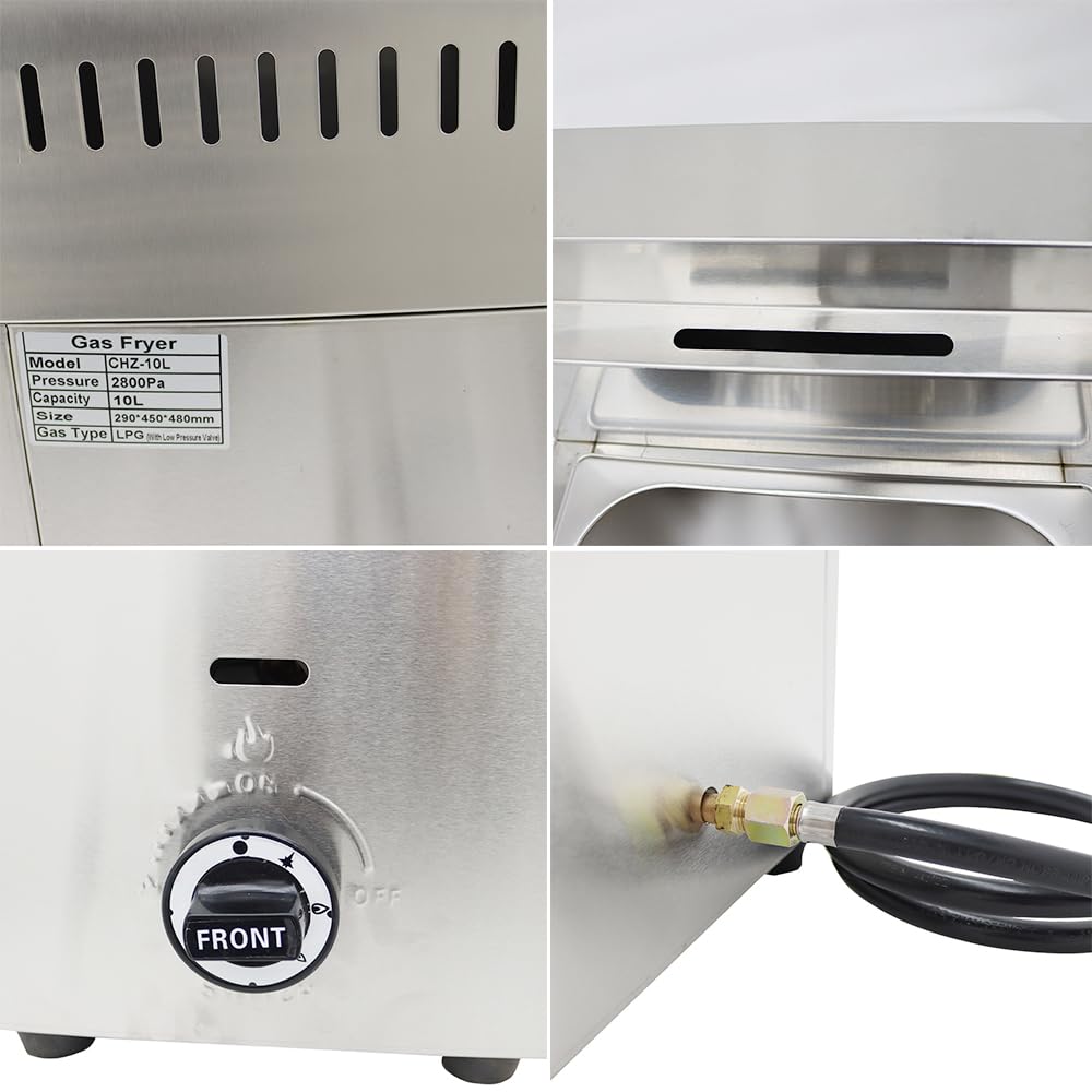INTBUYING 6L Commercial Deep Fryer Single Tank LPG Gas Chips Stainless Steel Fryer with Fry Basket French Fries Fried Potato Chicken Frying Machine with Gas Regulator Valve