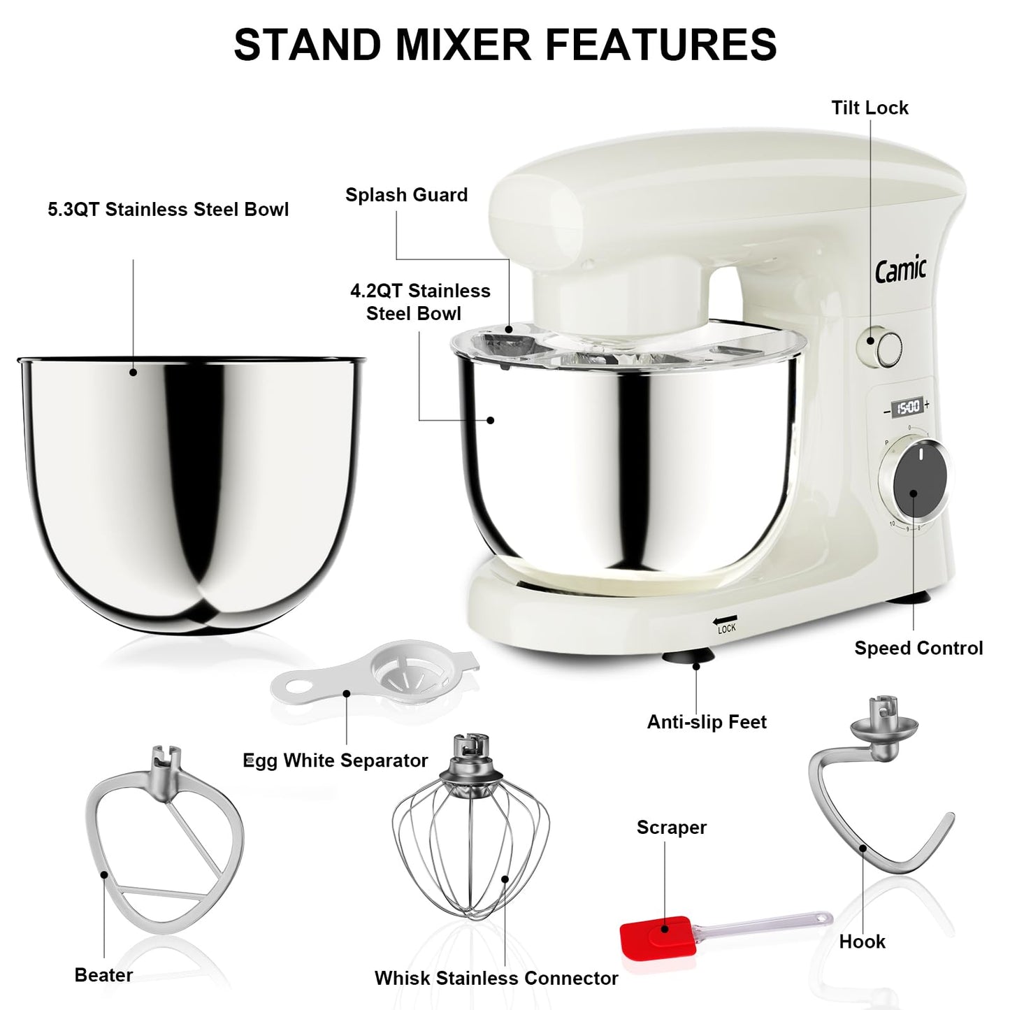 Camic Stand Mixer, 4.2QT+5.3QT Two bowls Electric Food Mixer, 10 Speeds with Digital setting 3-IN-1 Kitchen Mixer for Baking Cakes Cookie Bread Salad with Egg Whisk,Dough Hook,Flat Beater (White)