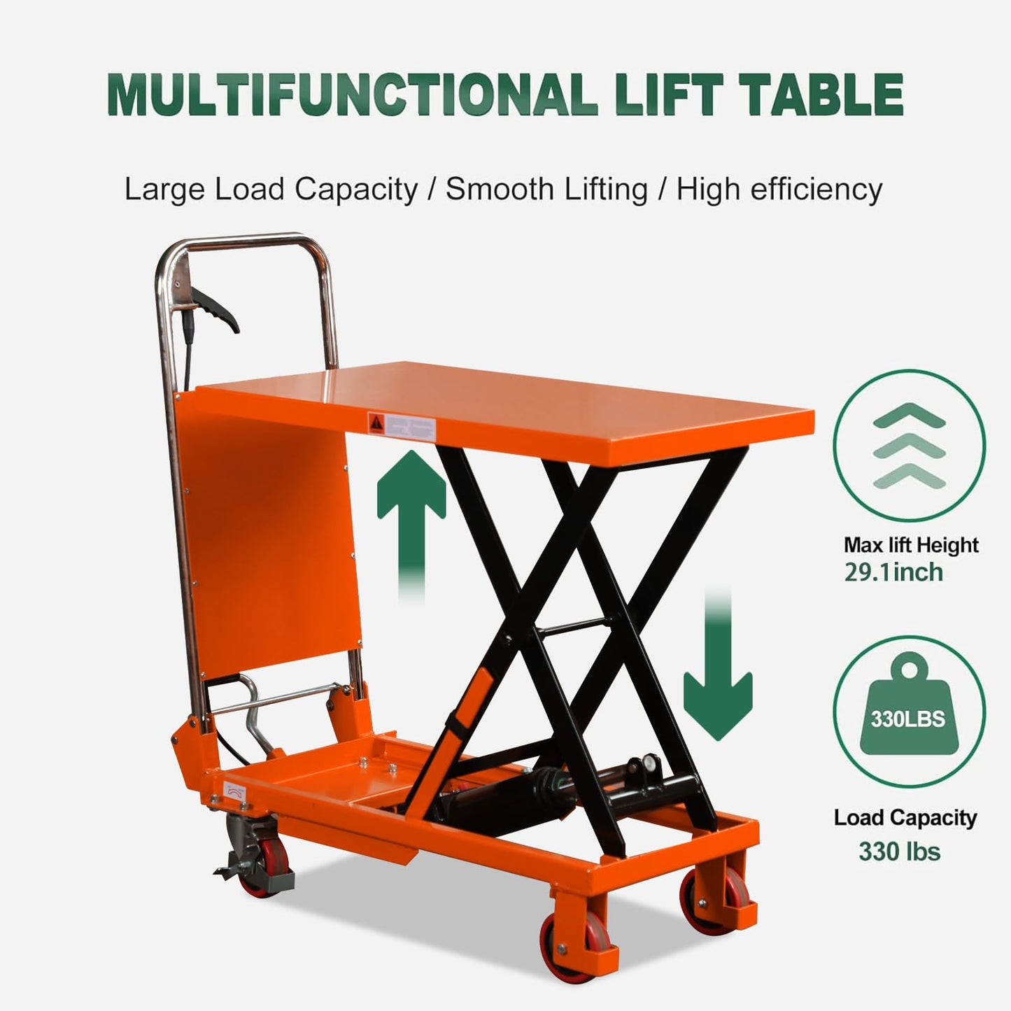 Tory Carrier Hydraulic Scissors Lift Table 330LBS Capacity, Table Cart 29.1" Lifting Height, Manual Scissor Lift Table 4 Wheels and Foot Pump, Elevating Hydraulic Cart for Material Handling