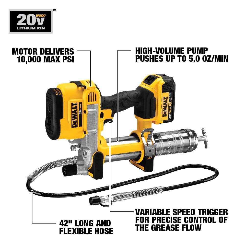 DEWALT Grease Gun Kit 20V MAX with 4.0Ah Battery and Charger, Cordless Grease Gun, LED Light, 42” Hose, 10,000 PSI, Variable Speed Triggers (DCGG571M1)