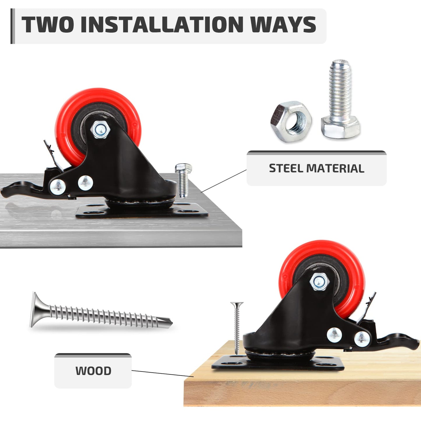 Nefish 2 Inch Casters Set of 4, Heavy Duty Top Plate Caster Wheels with Brake 600 Lbs, Dual Locking Furniture Castors, 360 Degree Swivel Casters, No Noise Polyurethane Wheels for Cabinet, Furniture