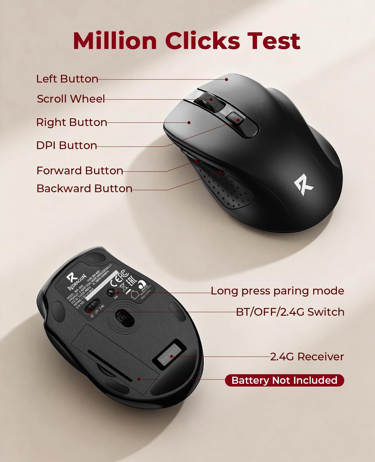 Redragon BT5.0/3.0 2.4G, 6 5 4000DPI 18 Wireless Mouse & Buttons, Level Bluetooth Mouse, Months Battery, Portable