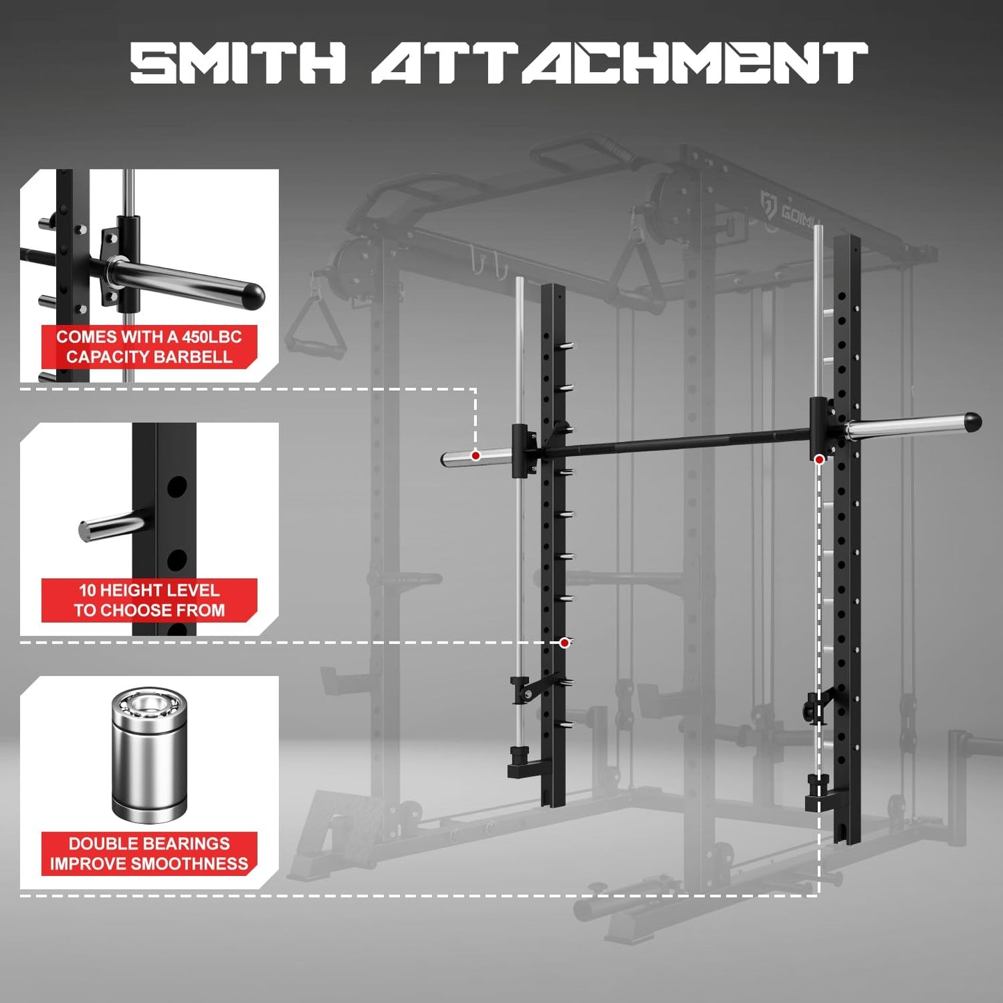 Goimu S1-V4 Smith Machine, 2000LBS Power Cage with Cable Crossover System, All-in-One Squat Rack with Smith Bar, Strength Training Equipment for Hone Gym (Black Smith Machine S1)