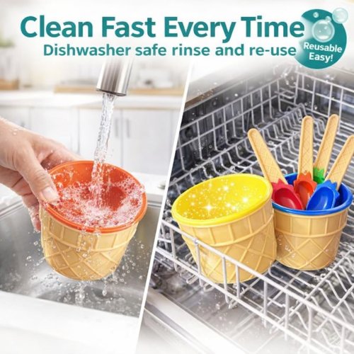JoyServe Ice Cream Bowls and Spoons Set - (Pack of 6) Reusable Plastic Ice Cream Cups and Waffle Cone Shaped Spoons for Dessert, Frozen Yogurt, Gelato, Birthday Party Decorations