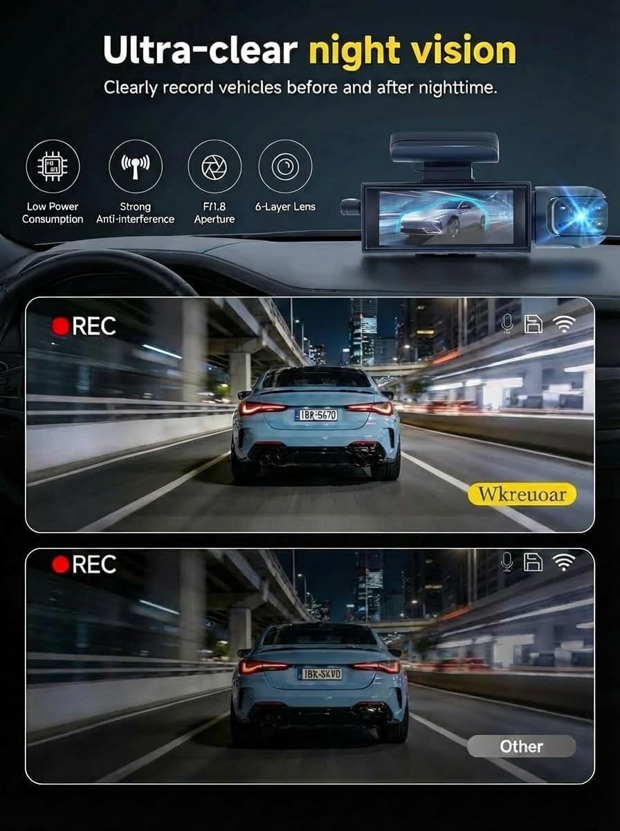 Wkreuoar 24Hr (1080 Dash Camera Front and Inside,Dashcams for Cars with IR Night Vision Loop Recording G-Sensor Parking