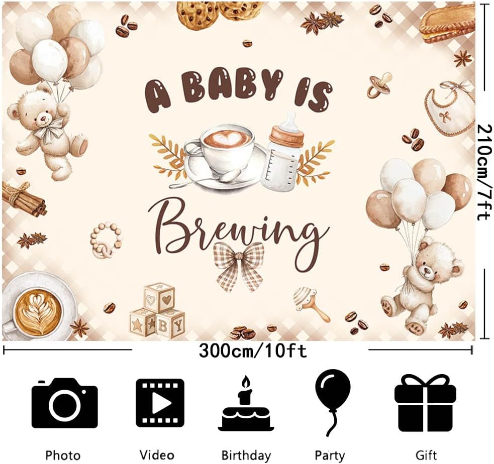 Generic 10x7ft A Baby is Brewing Baby Shower Backdrop Brown Coffee Baking Theme Cute Bear Background Feeding Bottle
