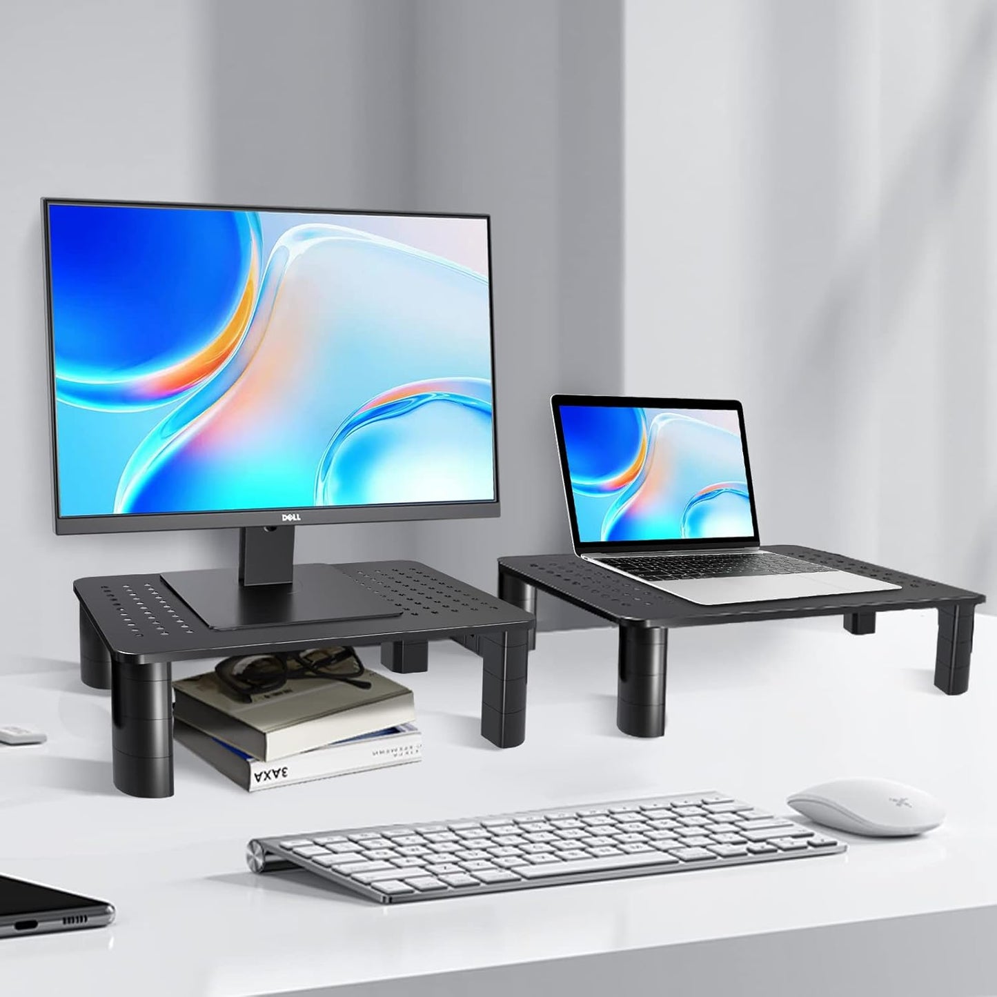2 Pack 3 2 Pholiten Monitor Stand Riser, Height Adjustable Monitor Stand for Computer, Laptop, Printer, Notebook, iMac