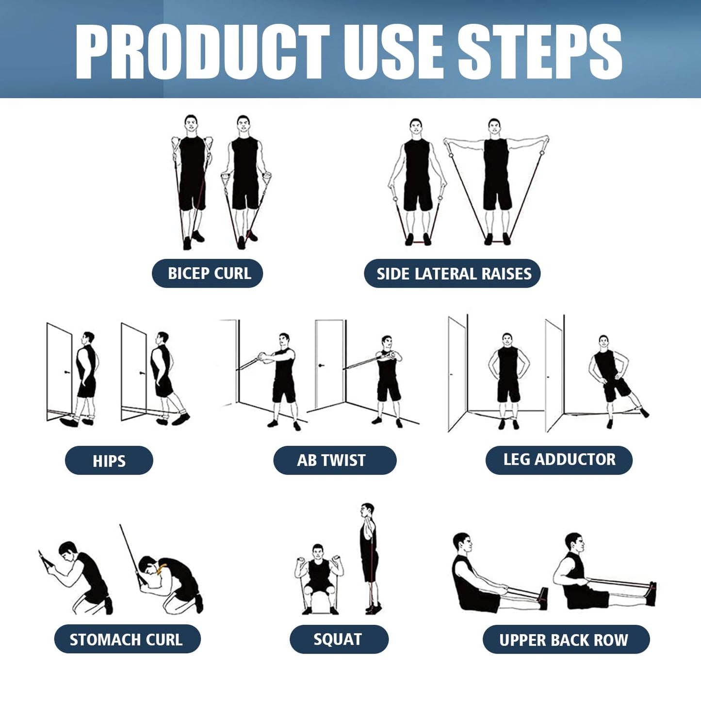 WHATAFIT Resistance Bands, Exercise Bands，Resistance Bands for Working Out, Work Out Bands with Handles for Men and Women Fitness, Strength Training Home Gym Equipment Blue 16PCS
