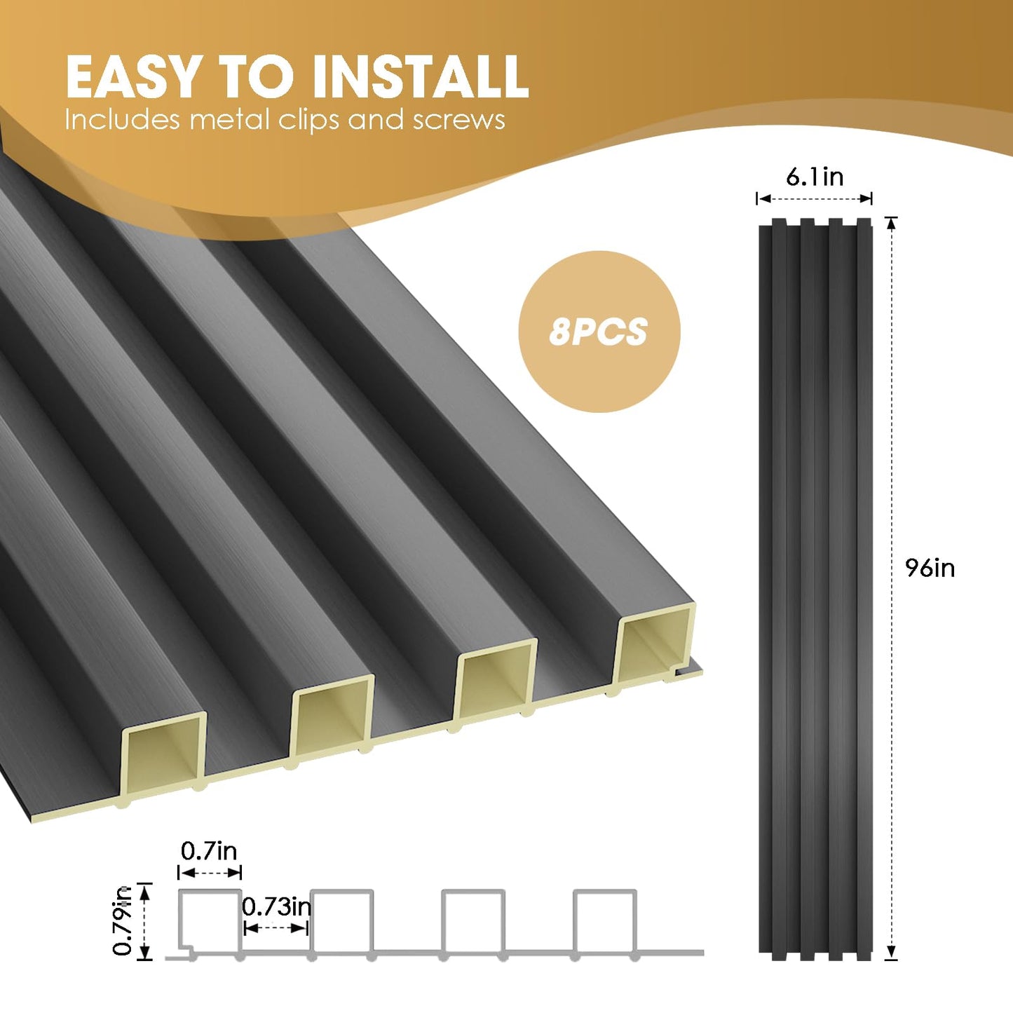 OUZUGIE WPC Acoustic Slat Wall Paneling, 8-Pack 96 x 6 Inches 3D Wall Panels for Interior Wall Decor,Living Room,TV Background,Study Room,Non-Metal Laths,High Grille (Metallic Dark Gray)