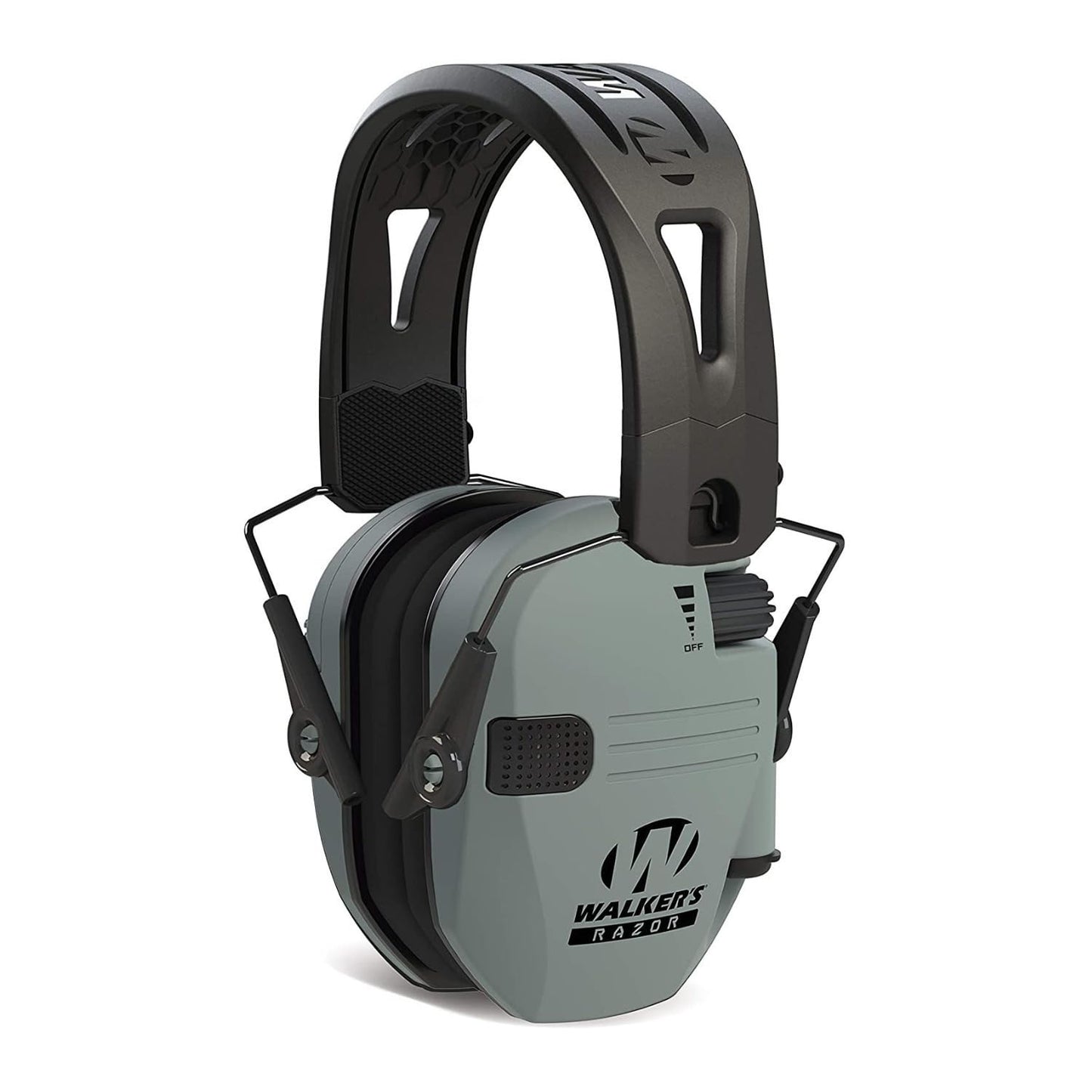 Walker's Razor Tacti-Grip Slim Hearing Protection Muff (Battleship Gray) with Rubber Headband Bundle with Muff Walkie Talkie, Shooting Glasses and Cleaning Cloth (2-Pack)(8 Items)