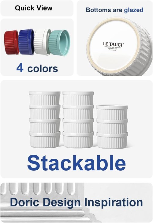 LE TAUCI Ramekins - 8 OZ Oven Safe Ceramic Custard Cups | Set of 6 White Souffle Dishes