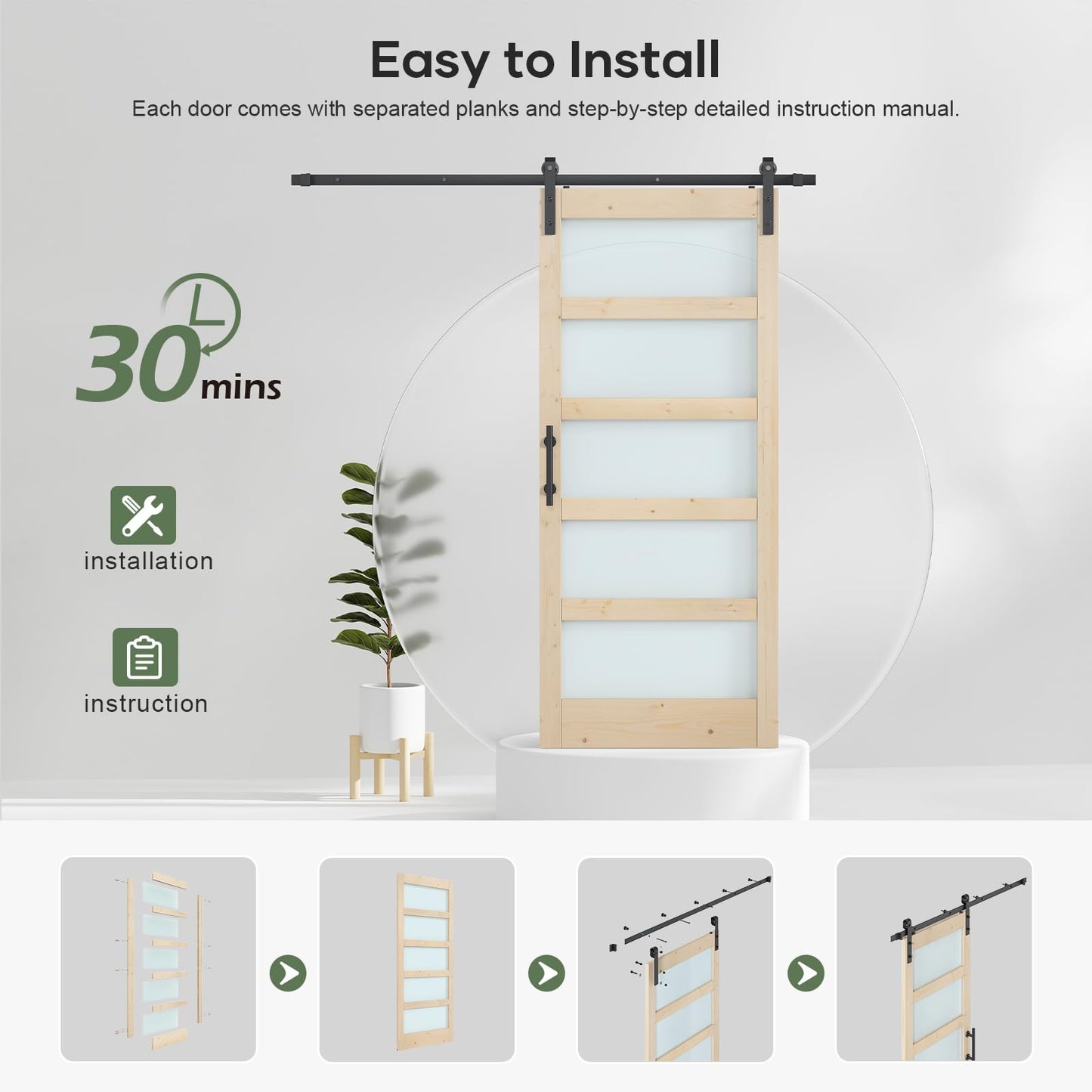 ROYMELO 34x84 inch Glass Sliding Barn Door Slab with 6ft Hardware Kit Included, 5-Panel Frosted Glass, Spruce Wood Support DIY Dyeing, Easy Assembly